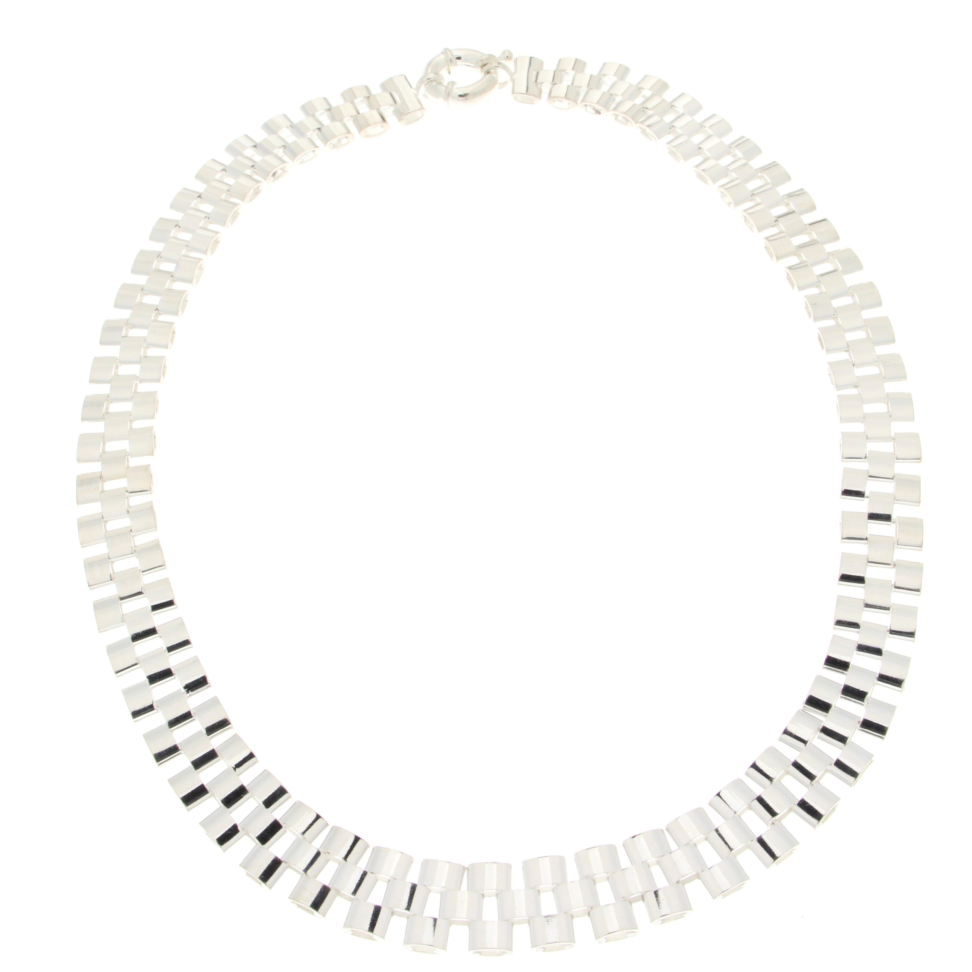 Elegant silver-toned necklace featuring a unique flat link design with alternating shiny and matte square-shaped links, secured with a lobster clasp.