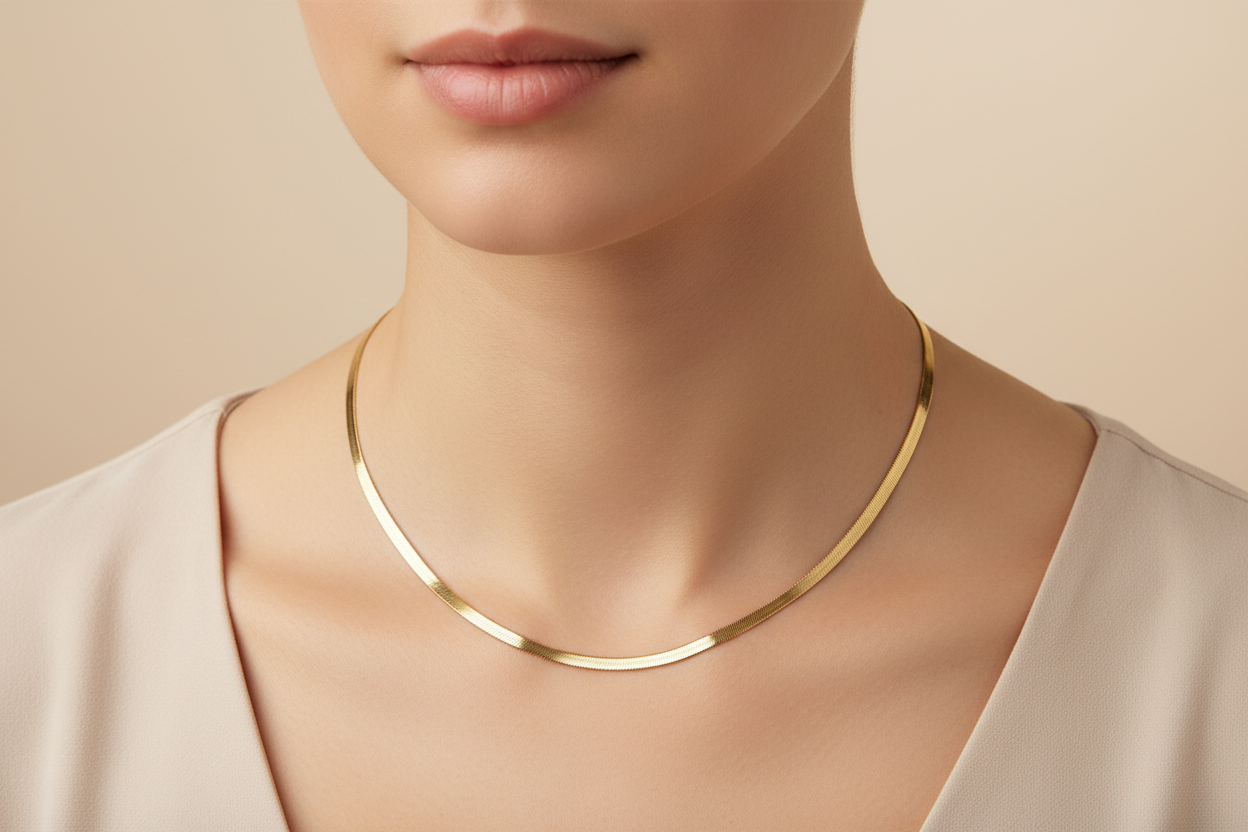 18K Gold Plated 4mm Herringbone Necklace on Model