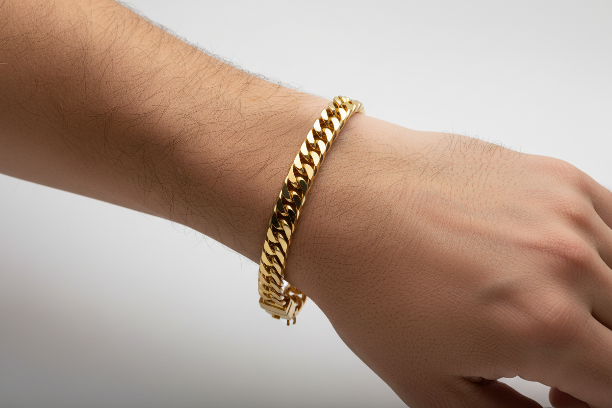 18K Gold Plated 8.7mm Cuban Link Bracelet on Man's Wrist