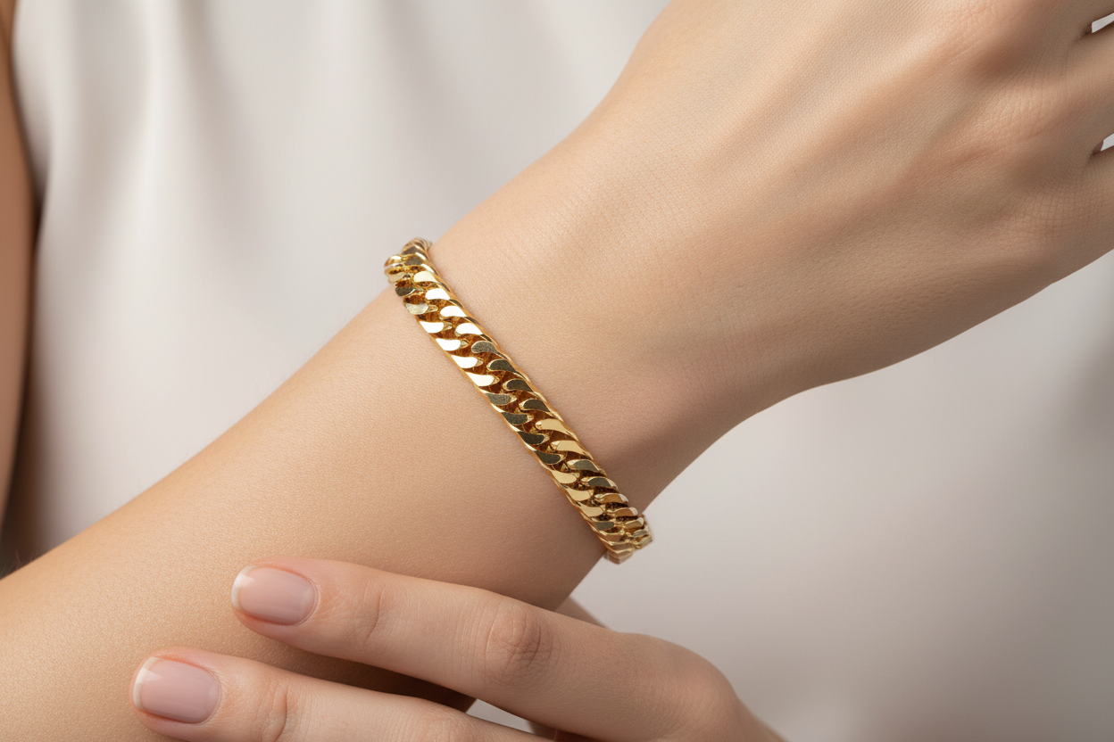 18K Gold Plated 8.7mm Cuban Link Bracelet on Woman's Wrist