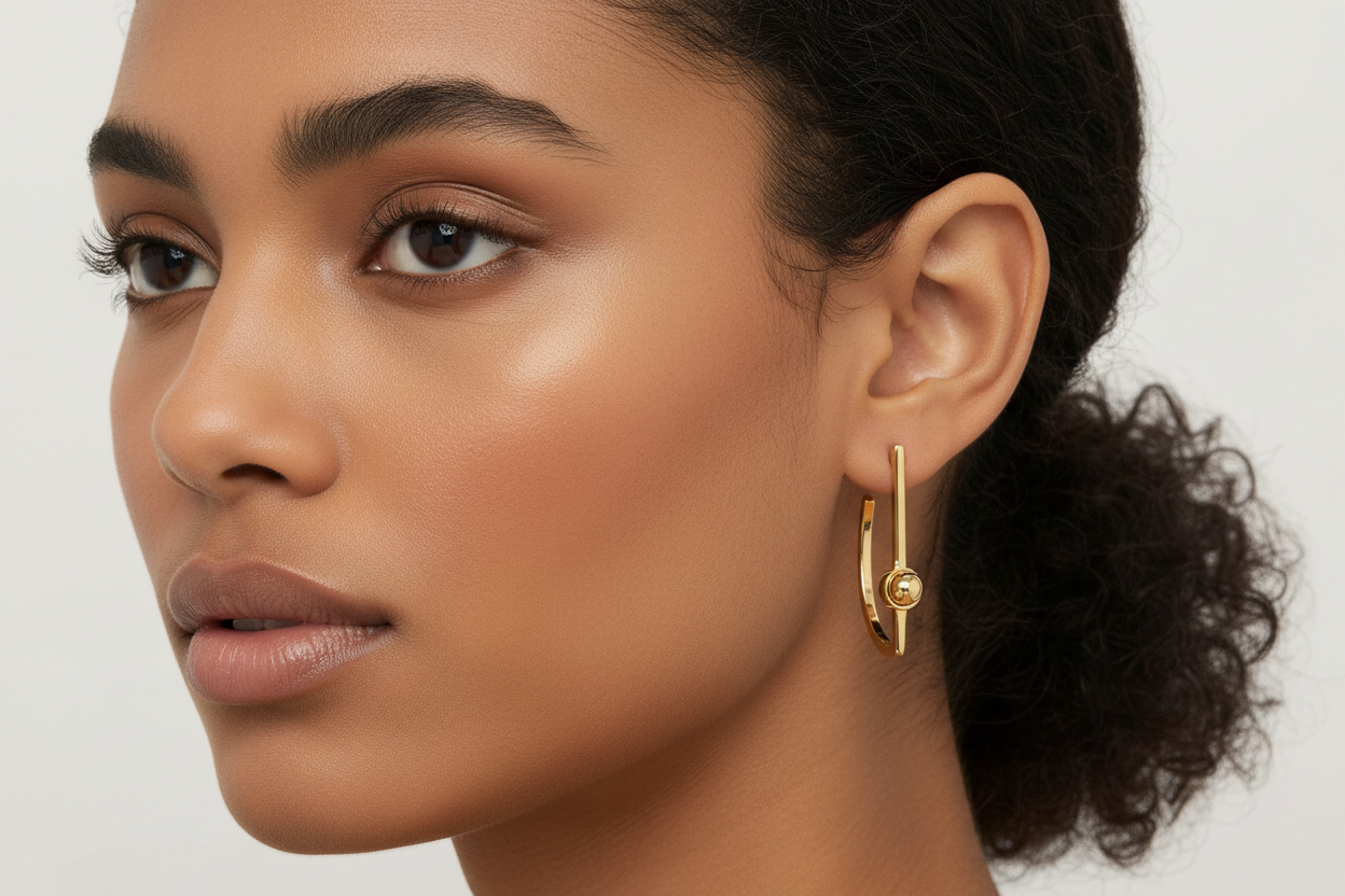 18K Gold Plated Bead Front D Hoop Stud Earrings - Smaller Size