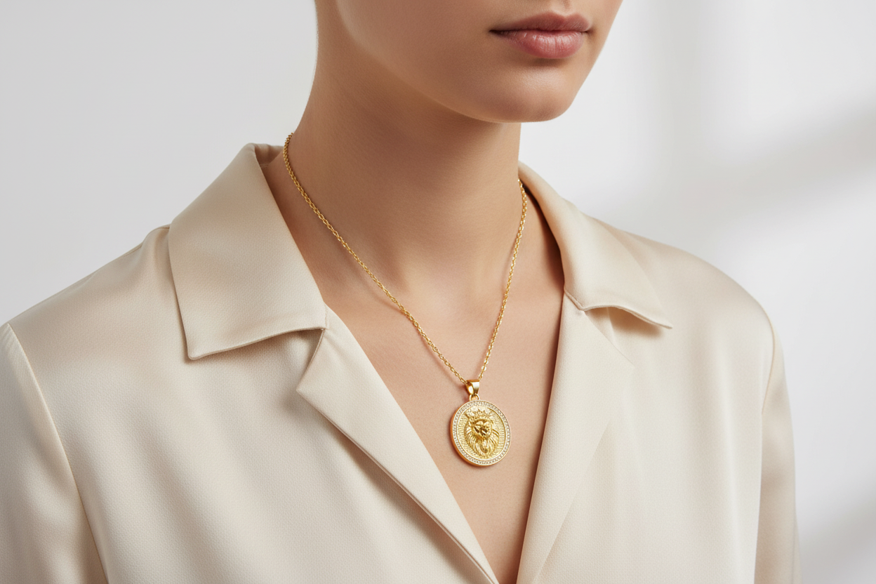 18K Gold Plated Lion Medallion Pendant on 20 inch Chain - Model