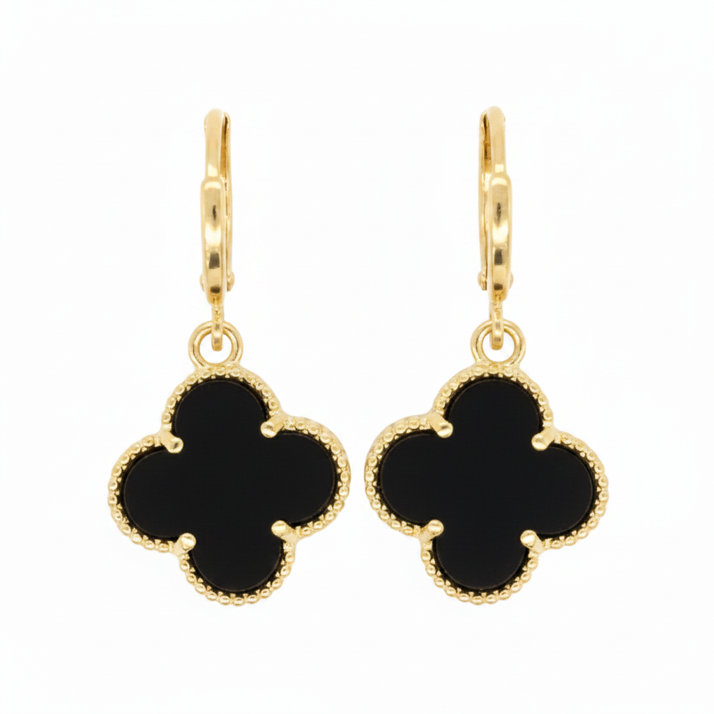 18K Gold-Plated Onyx Clover Drop Huggy Earrings – Straight
