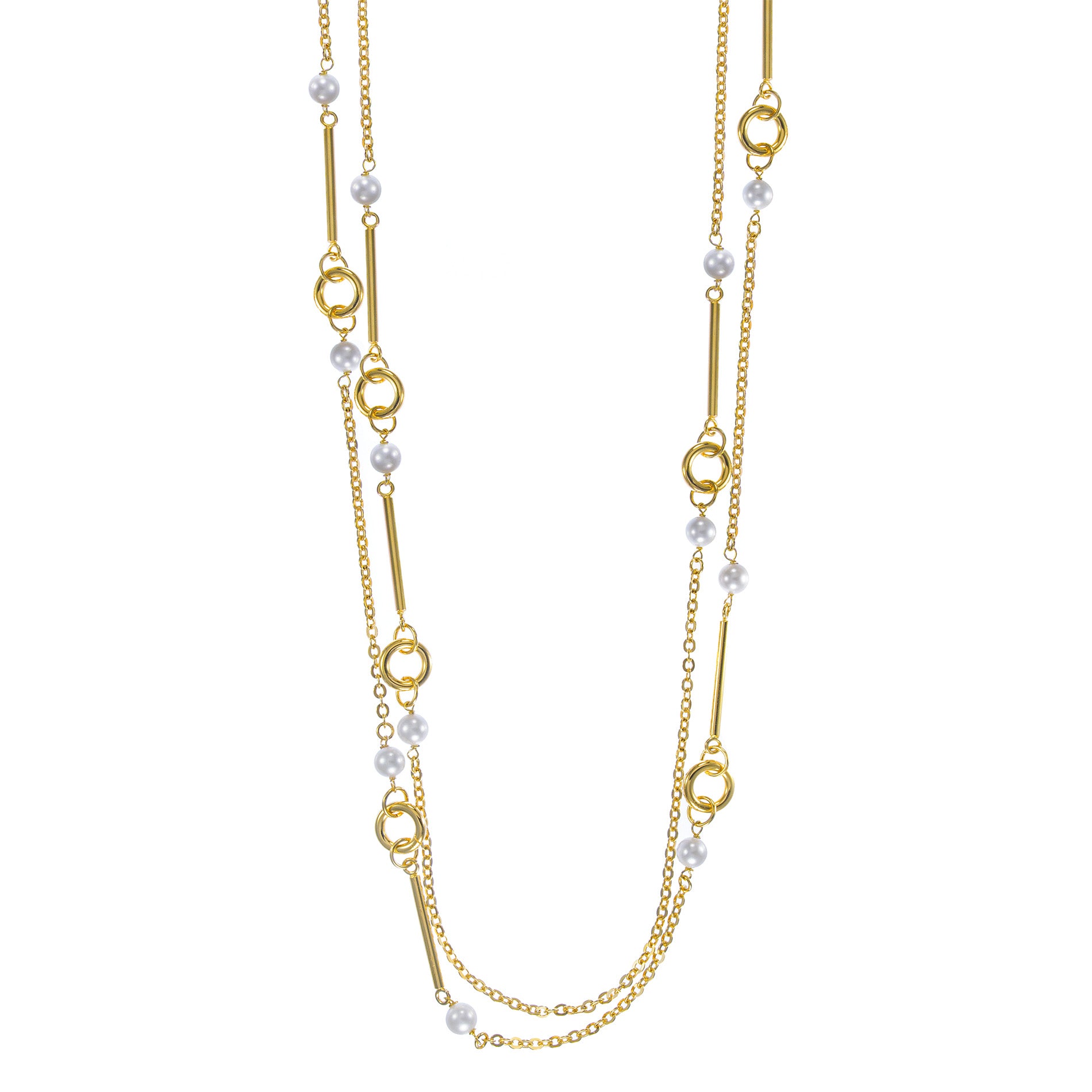 Gold necklace with multiple strands featuring elongated links and small round pearls, creating an elegant layered design.