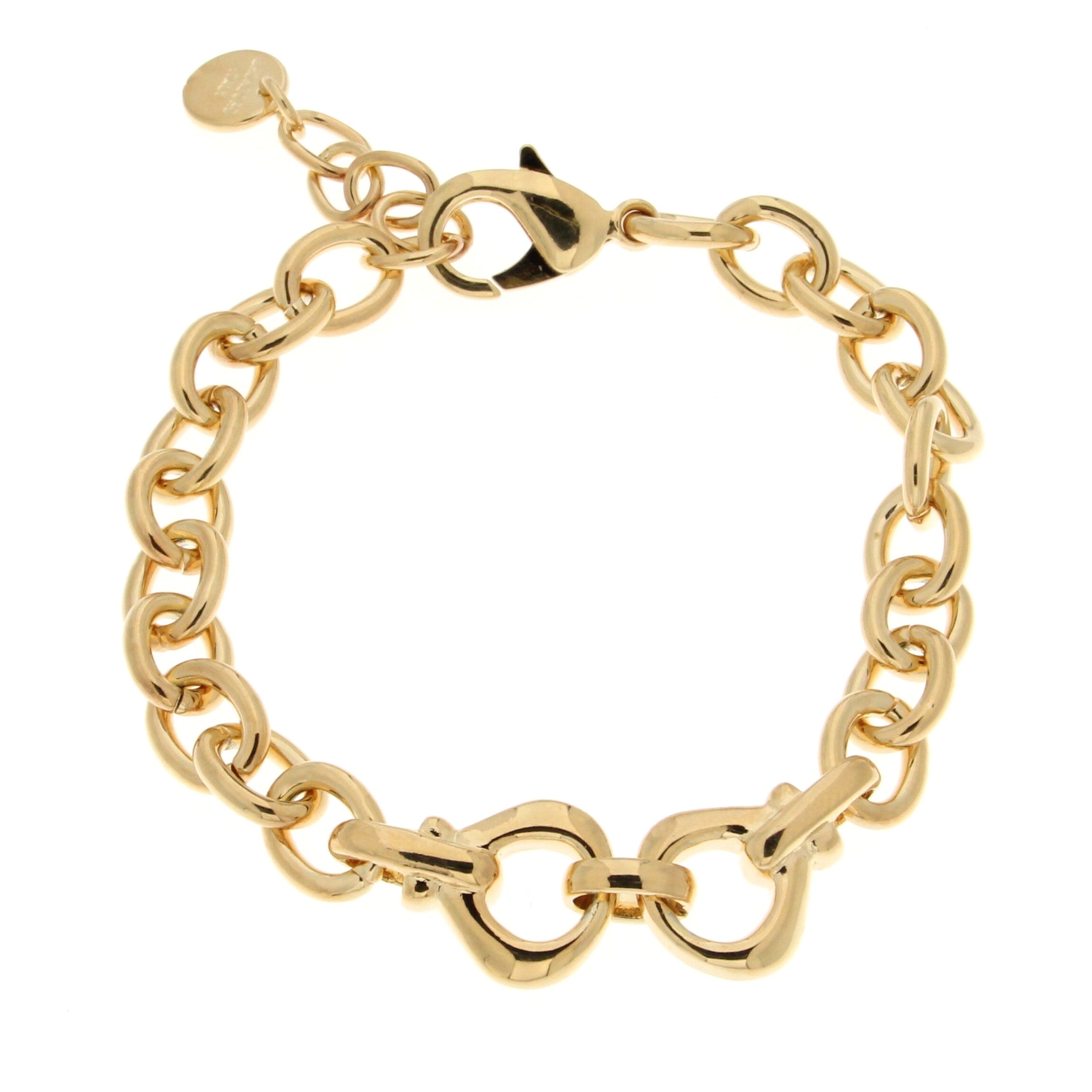 A stylish gold bracelet featuring a chunky chain design with interlocking links. The centerpiece consists of two larger, interconnected links. The bracelet is finished with a secure lobster clasp and an additional chain extension for adjustable sizing.