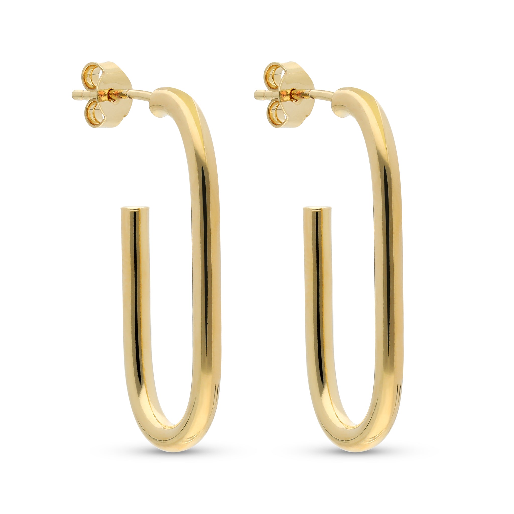 A pair of modern gold-tone earrings featuring an elongated, U-shaped design. Each earring consists of a smooth, polished metal surface that catches the light, giving them a sleek and contemporary look. The earrings are secured with post-back closures, ensuring they fit comfortably on the earlobes. Their minimalist style makes them a chic accessory suitable for various occasions, from casual outings to formal events.