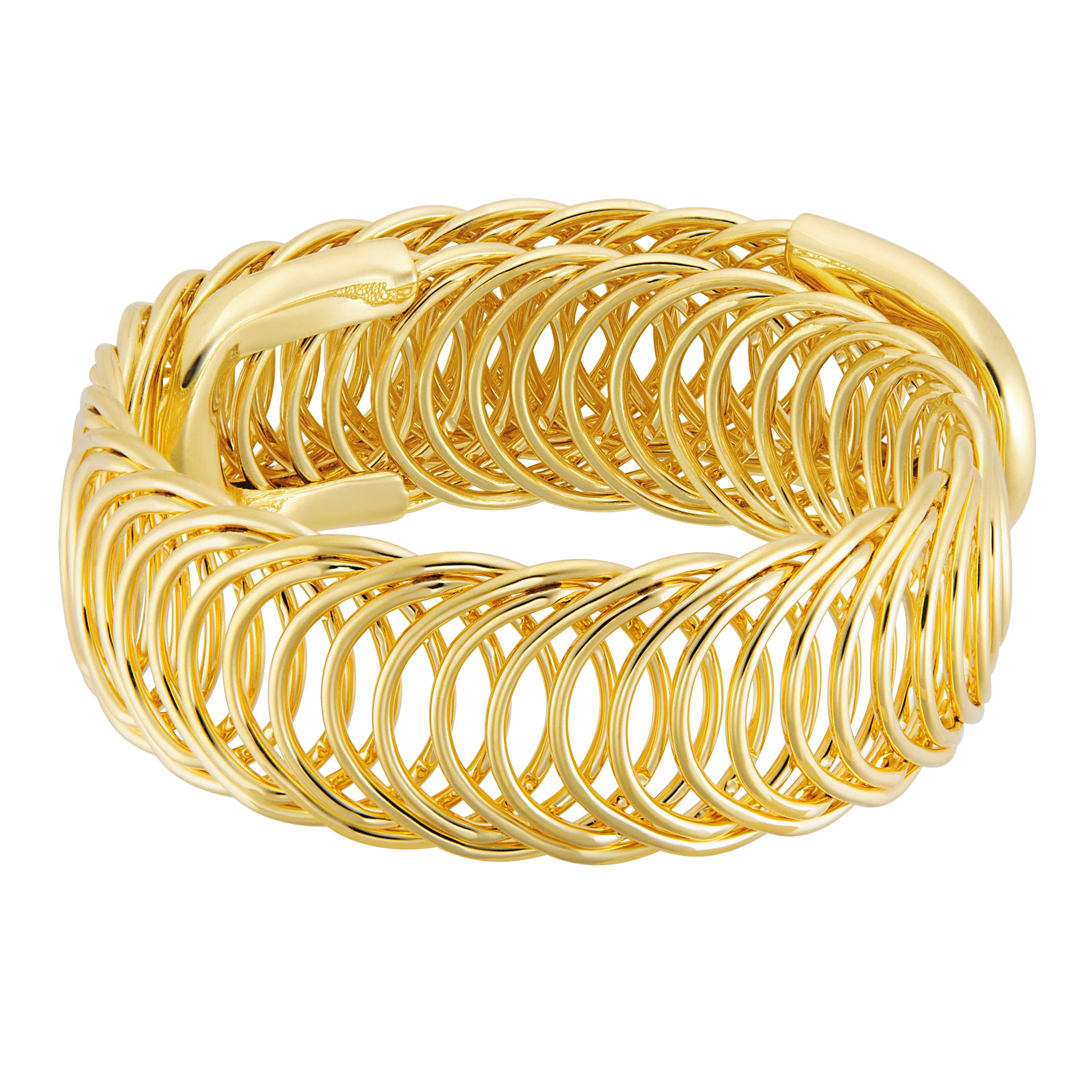 A striking gold cuff bracelet featuring a unique design made up of interconnected loops, creating an intricate and airy appearance. The bracelet has a smooth, polished finish and an open clasp that adds a modern touch.