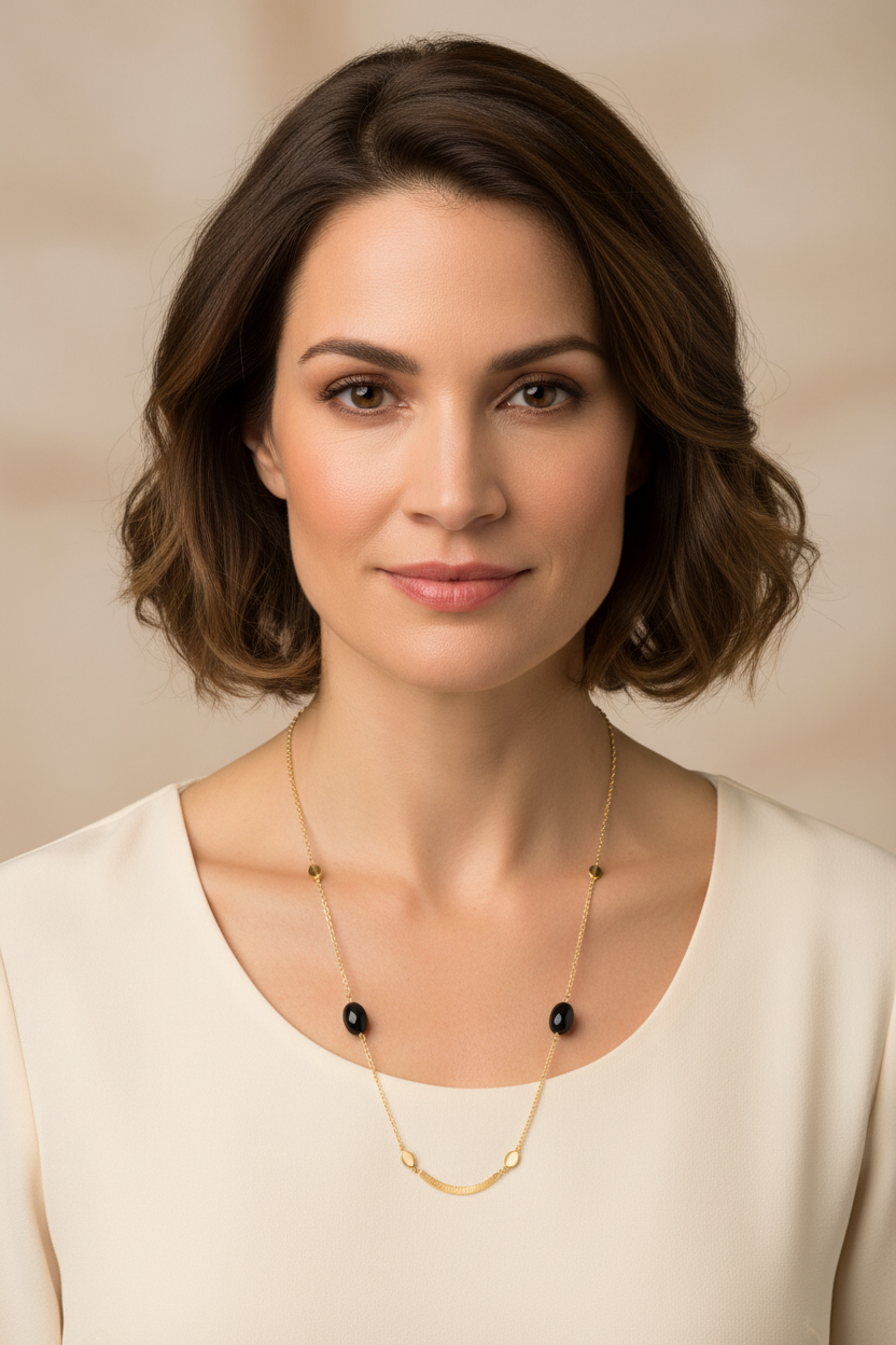 28-inch necklace worn by a model