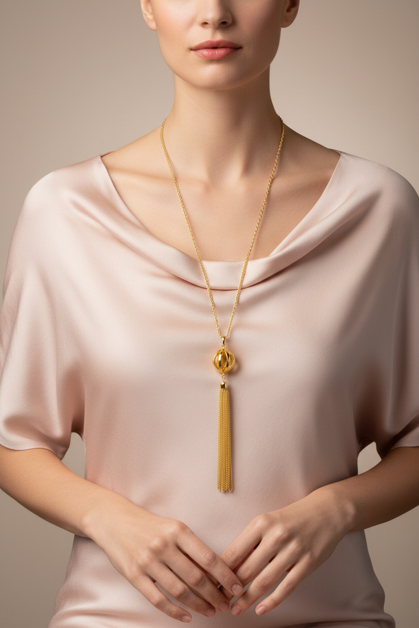 30" Gold Bead Tassel Necklace on Model in Pink