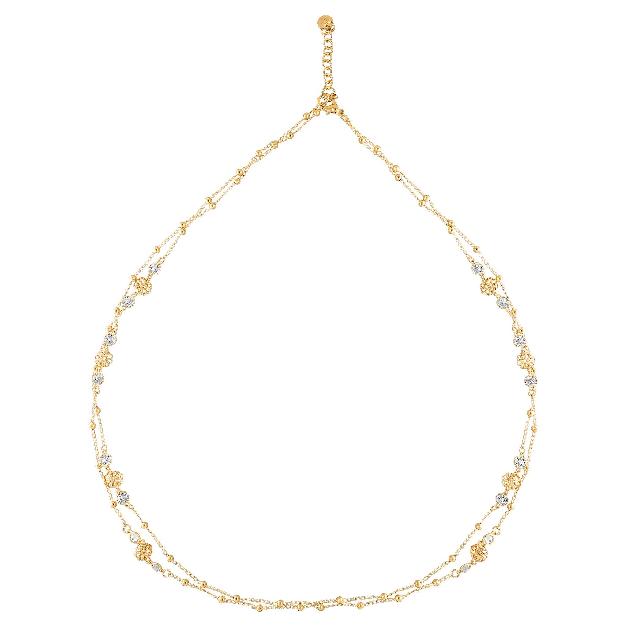 Delicate gold necklace with multiple strands, featuring small floral shapes and sparkling stones for an elegant appearance.