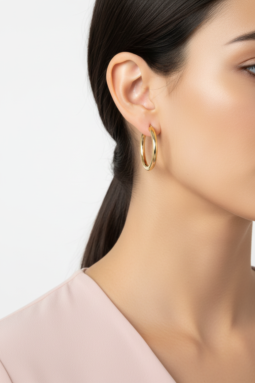 35mm gold hoop earrings on model wearing pink