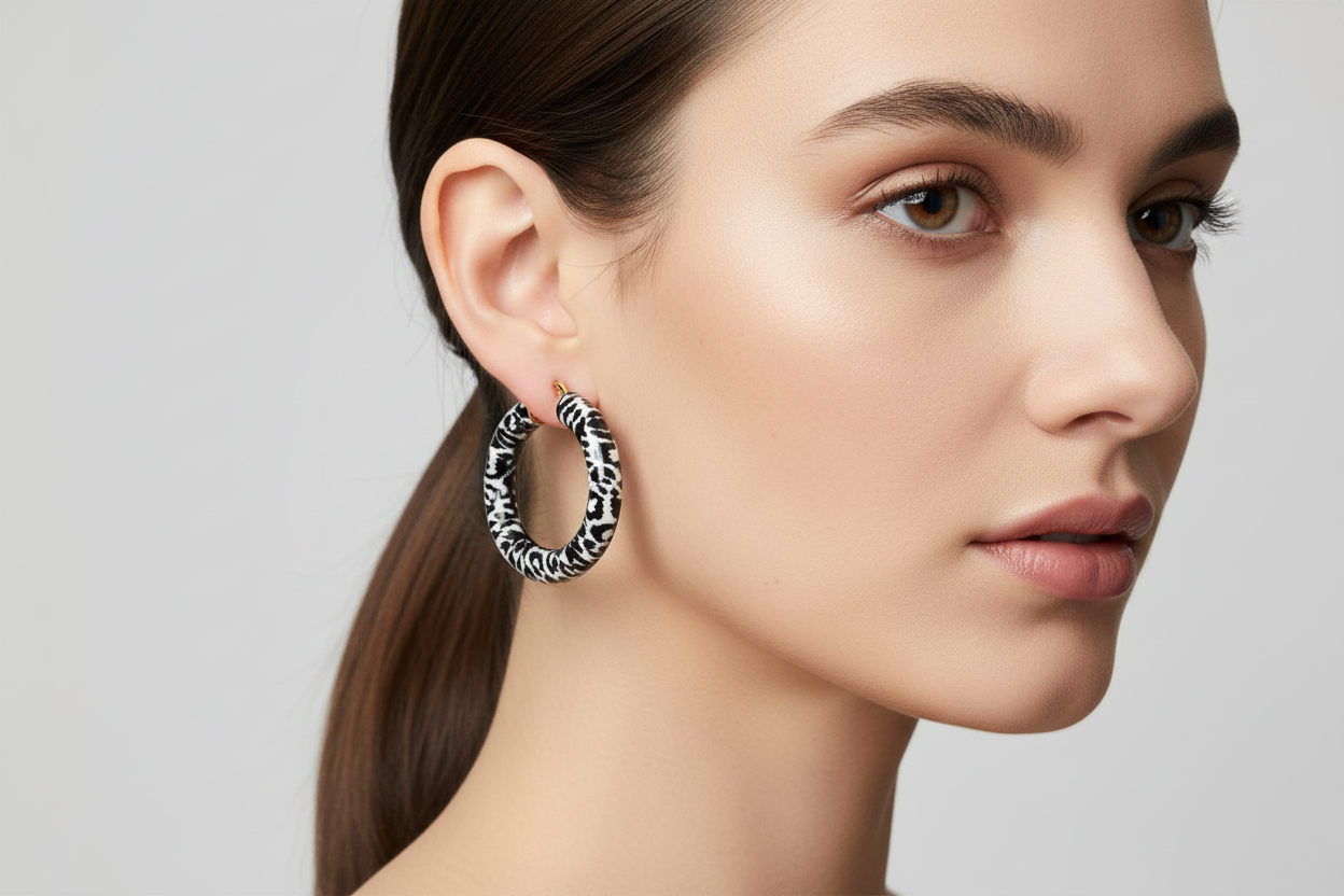 40mm Black White Leopard Print Hoop Earrings on Model