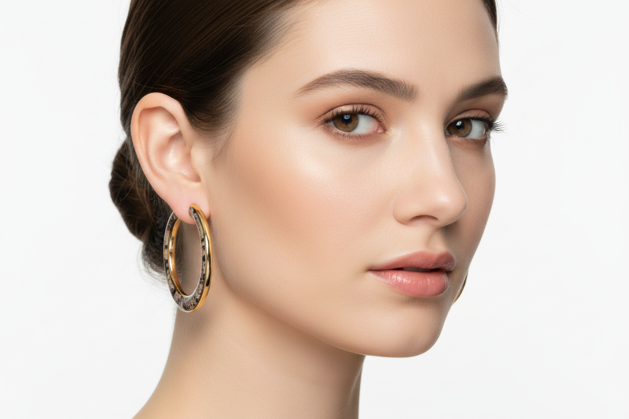 40mm Taupe Snakeskin Enamel Hoop Earrings on Model