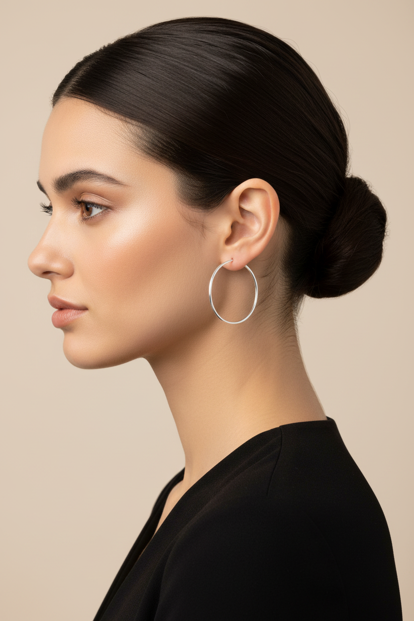 40mm x 2mm Tube Hoop Earrings on Model - Correct Position