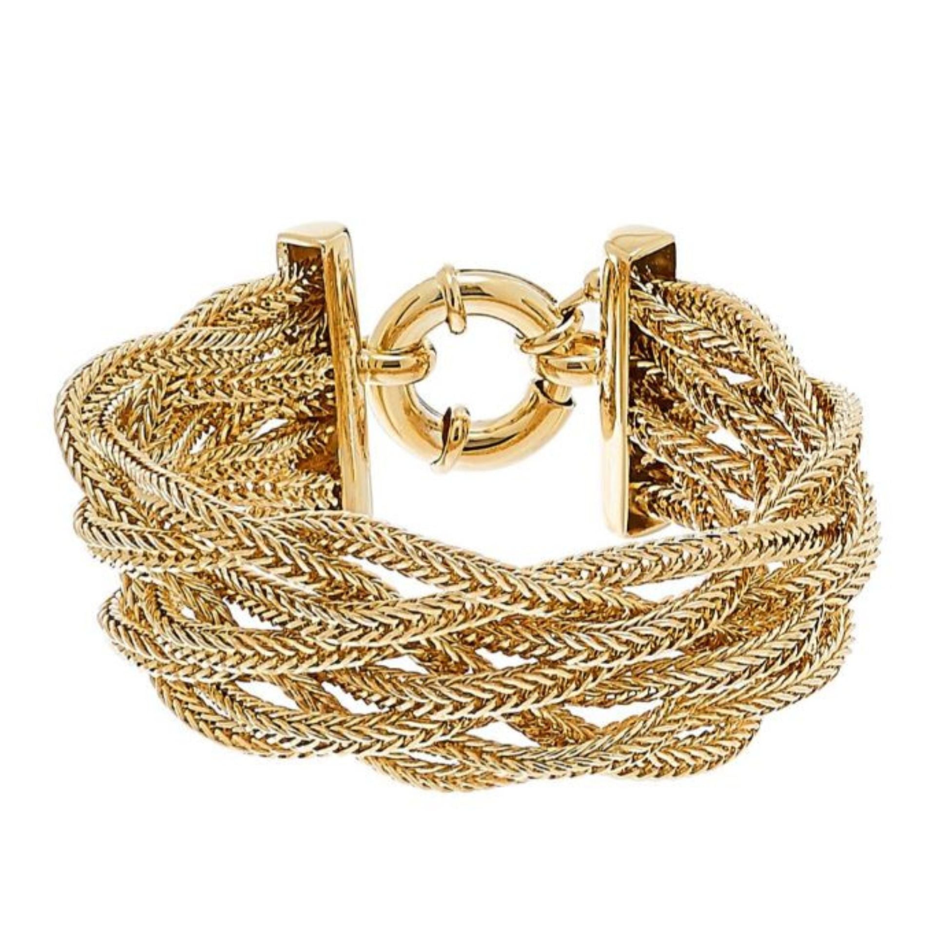 A stylish gold bracelet composed of multiple intertwined strands, creating a braided effect. The bracelet features a bold, circular clasp that adds a modern touch, while the intricate weave of the strands enhances its elegant appearance.