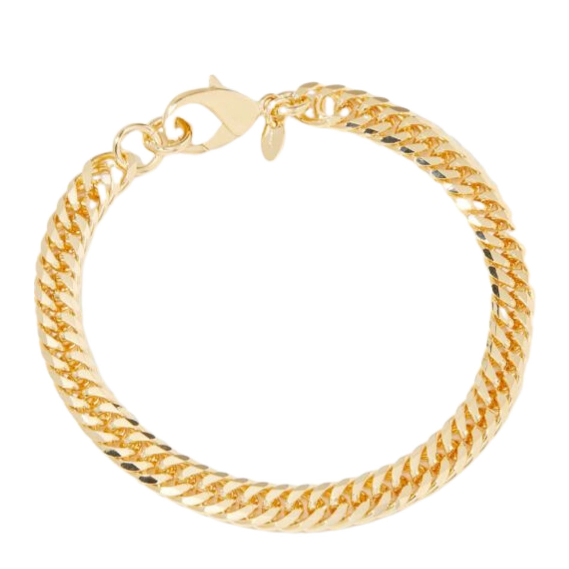 A chic gold bracelet featuring a classic curb chain design. The bracelet has a polished finish that shines brightly, with a secure lobster clasp for easy fastening.