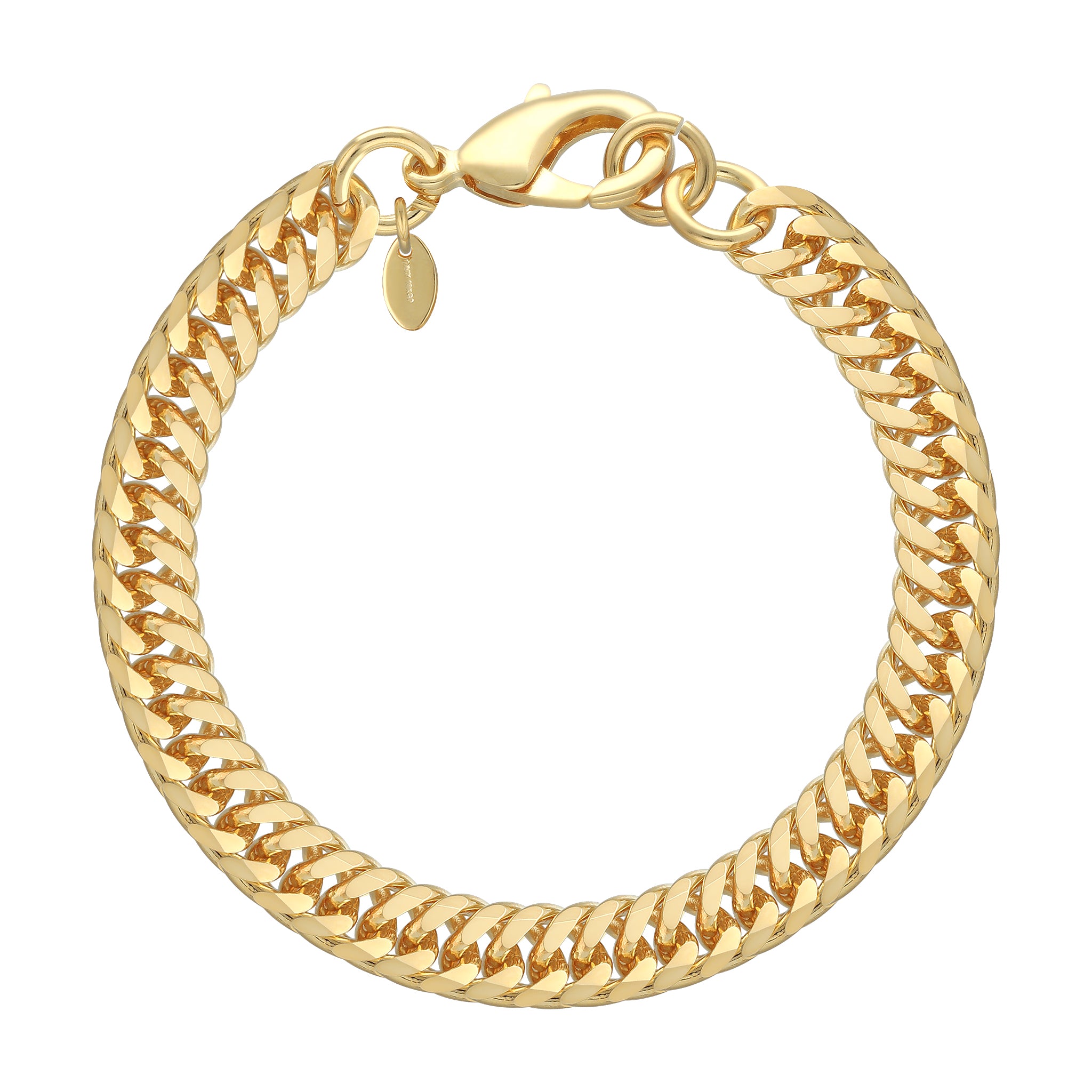 A chunky gold-tone chain bracelet featuring interlocking links with a high-polished finish. The bracelet includes a secure lobster clasp and a small charm.