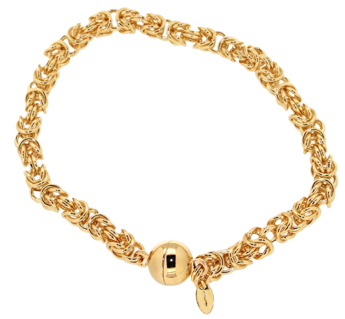 A stylish gold bracelet featuring a unique twisted link design adorned with a polished round charm, secured with a lobster clasp.