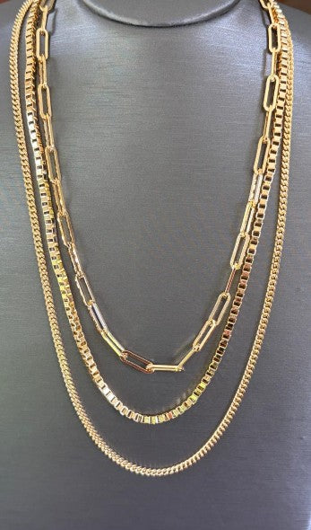 3-Strand Layered Necklace Set with Multi-Chain Connector – 18kt Gold on Bronze, Made in Italy