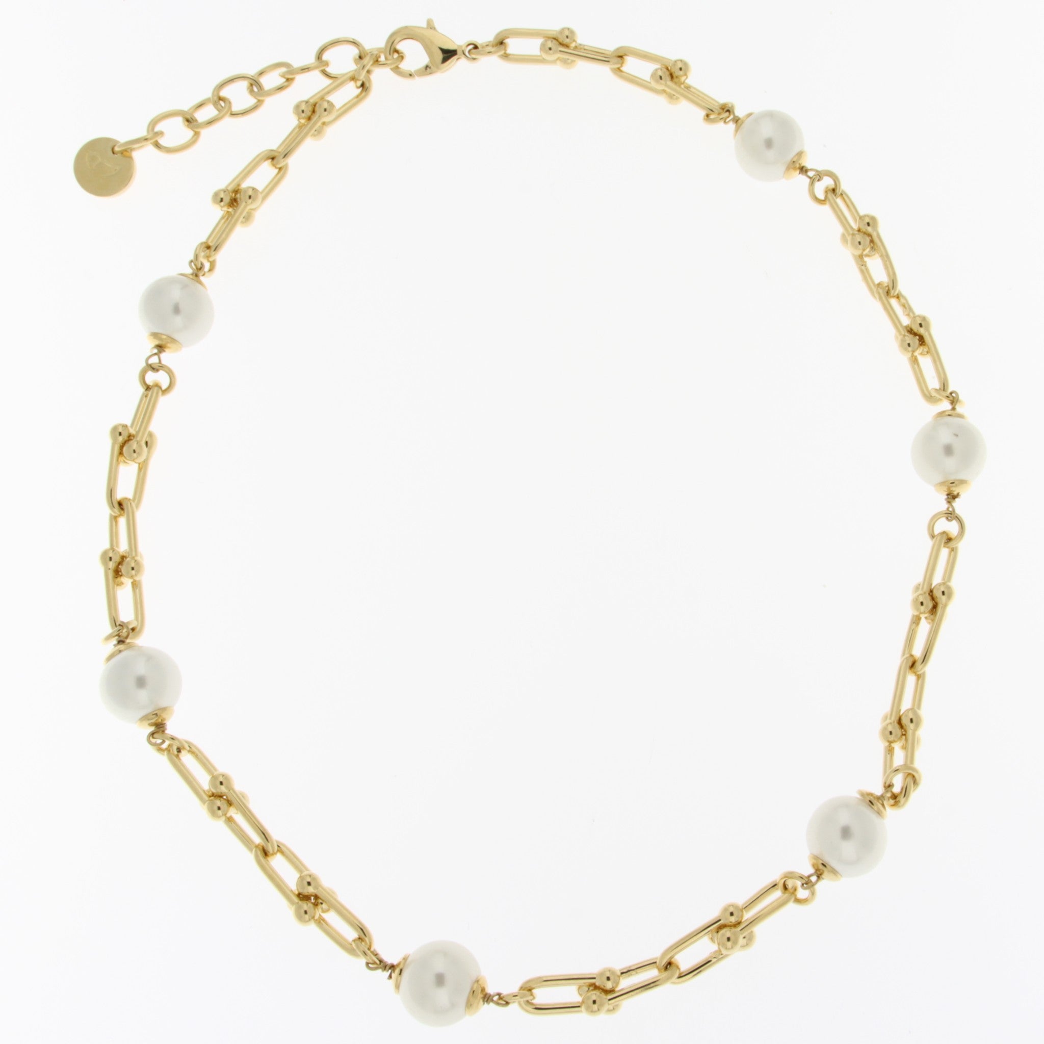 18kt. Gold Plated Strirrup Link Necklace with Shell Pearls
