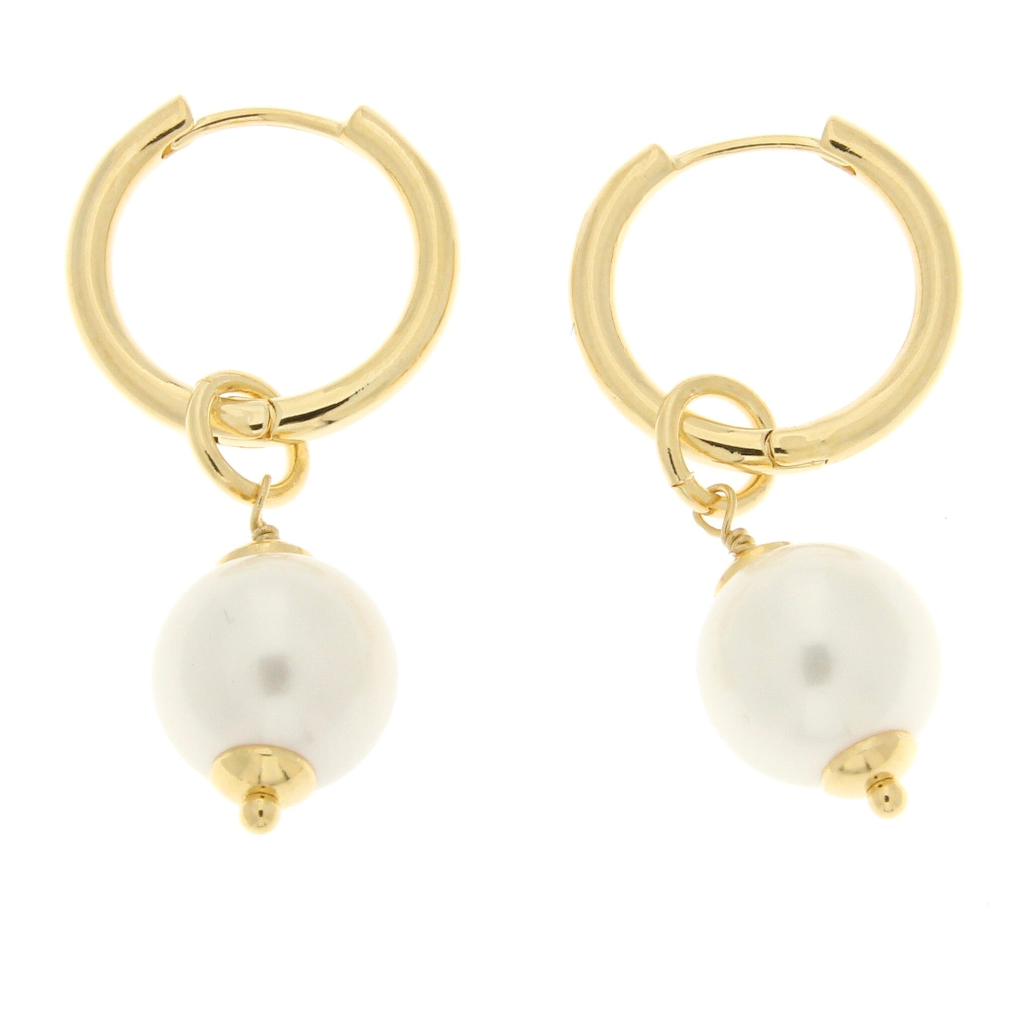18kt Gold Plated Huggie Hoop Earrings with Shell Pearl Drop