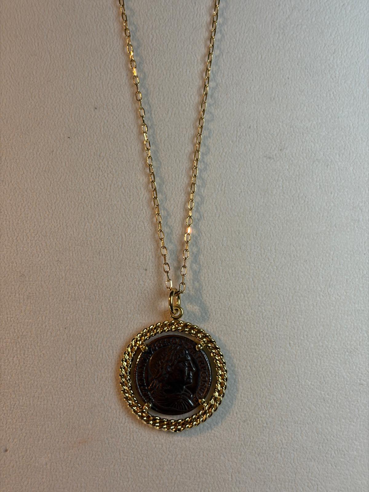18kt Gold Plated Antique Roman Coin Pendant Necklace on 24" Chain