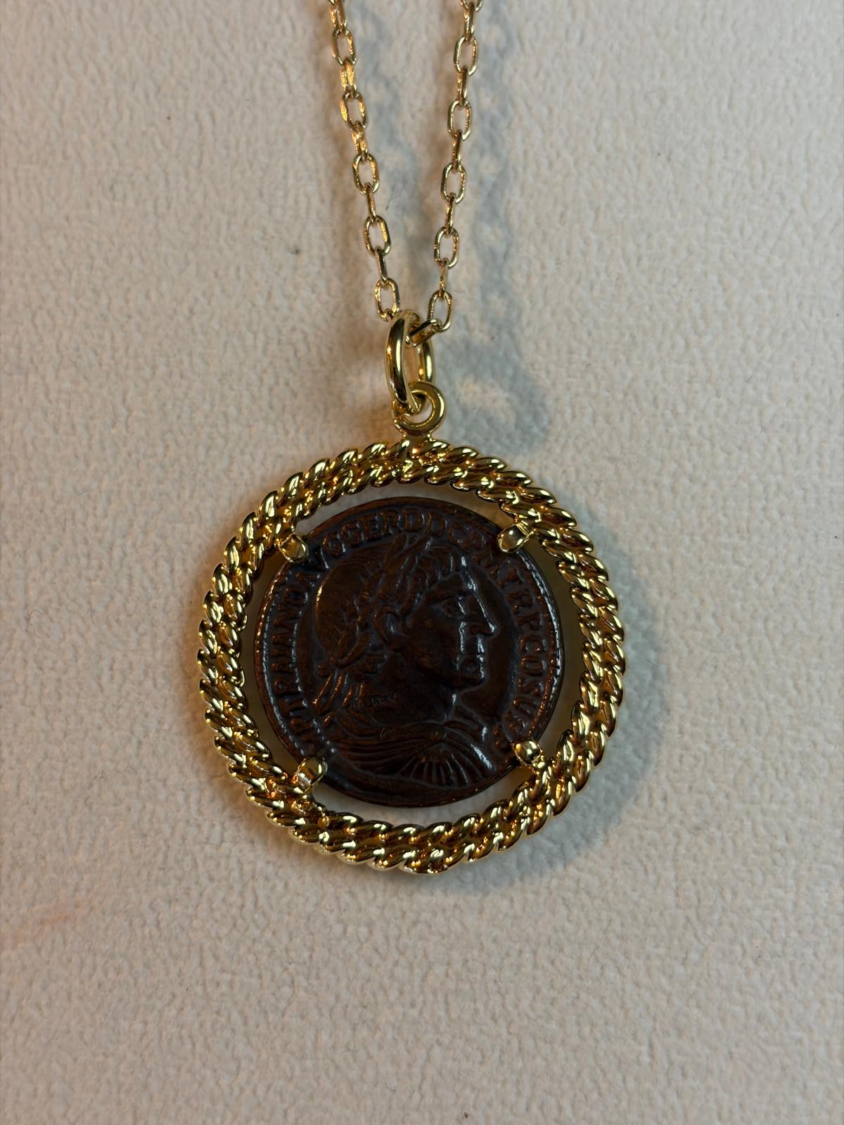 18kt Gold Plated Antique Roman Coin Pendant Necklace on 24" Chain