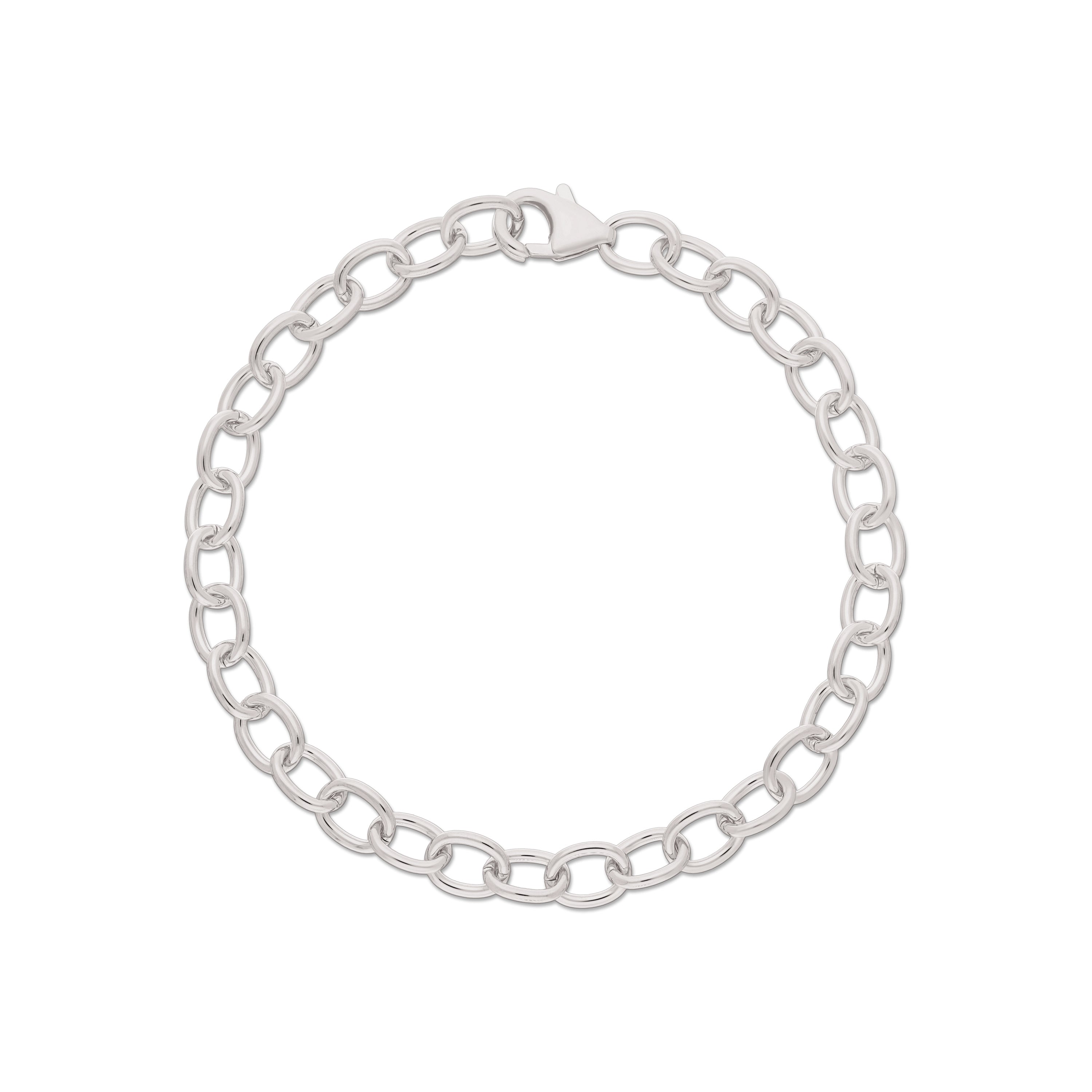 Simple silver chain bracelet featuring smooth, oval links, secured with a lobster clasp for easy fastening.