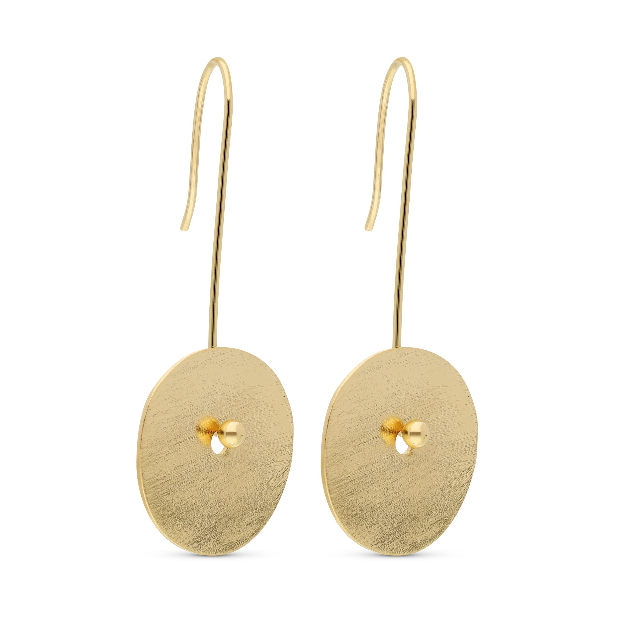 Elegant gold-tone earrings featuring a brushed finish disc design that hangs from a delicate wire hook. The discs are accentuated with a small central bead, adding a touch of sophistication. These earrings are perfect for enhancing any outfit with a modern yet understated charm.