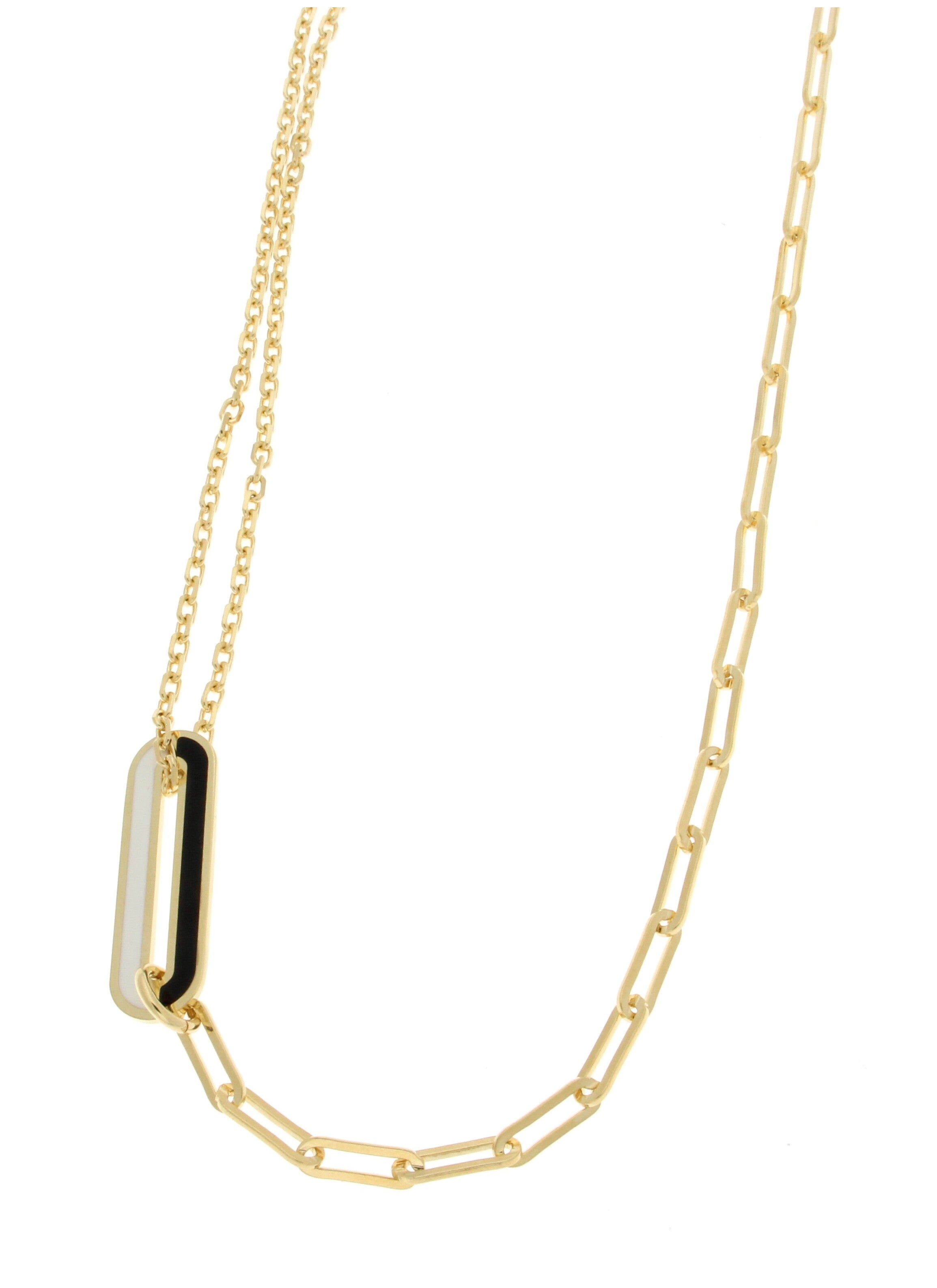 Gold necklace featuring two chains: one with small round links and another with elongated oval links, adorned with a pendant of overlapping rectangular shapes in gold and black.