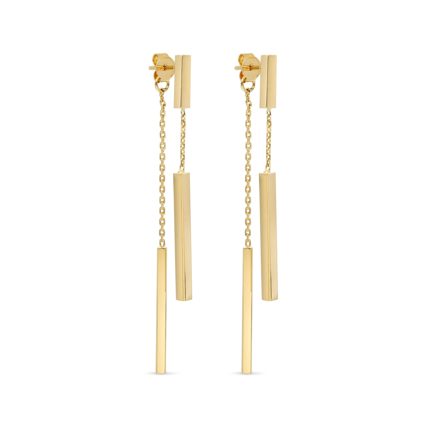 A modern pair of gold-tone drop earrings featuring sleek, elongated rectangular bars. The earrings consist of a short chain connecting two hanging bars, which dangle gracefully from a secure post backing. The polished finish of the bars gives them a contemporary and elegant look, making them a versatile accessory suitable for both casual and formal outfits.