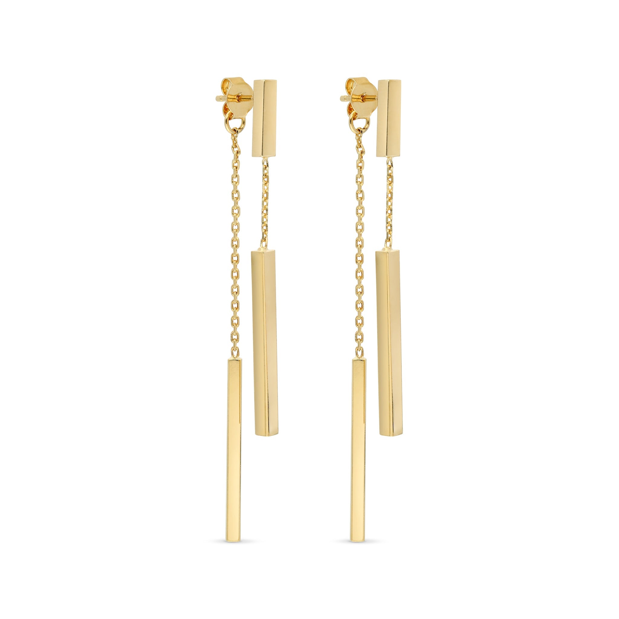 A modern pair of gold-tone drop earrings featuring sleek, elongated rectangular bars. The earrings consist of a short chain connecting two hanging bars, which dangle gracefully from a secure post backing. The polished finish of the bars gives them a contemporary and elegant look, making them a versatile accessory suitable for both casual and formal outfits.