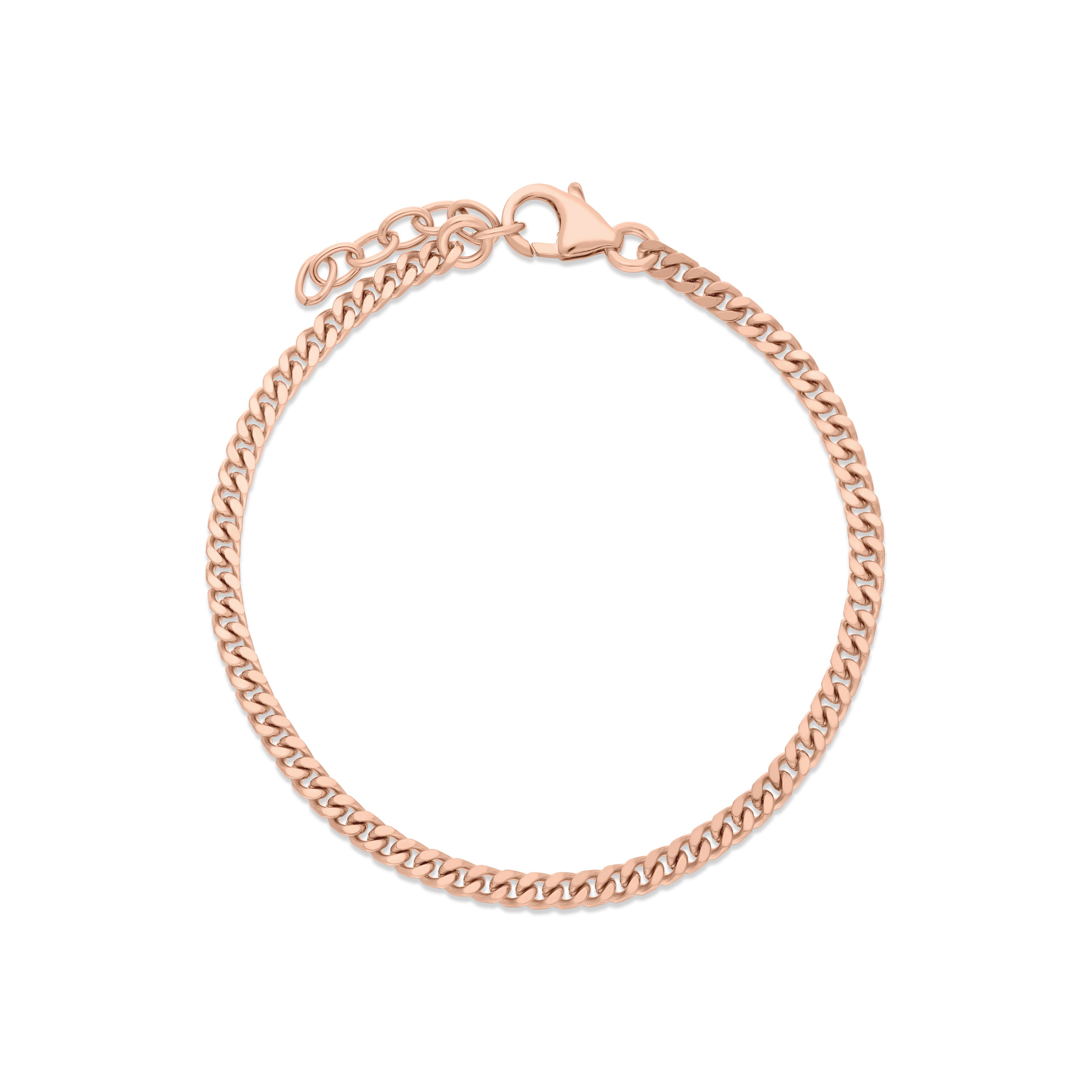 A stylish rose gold bracelet featuring a classic curb chain design, secured with a lobster clasp and adjustable chain link for a perfect fit.