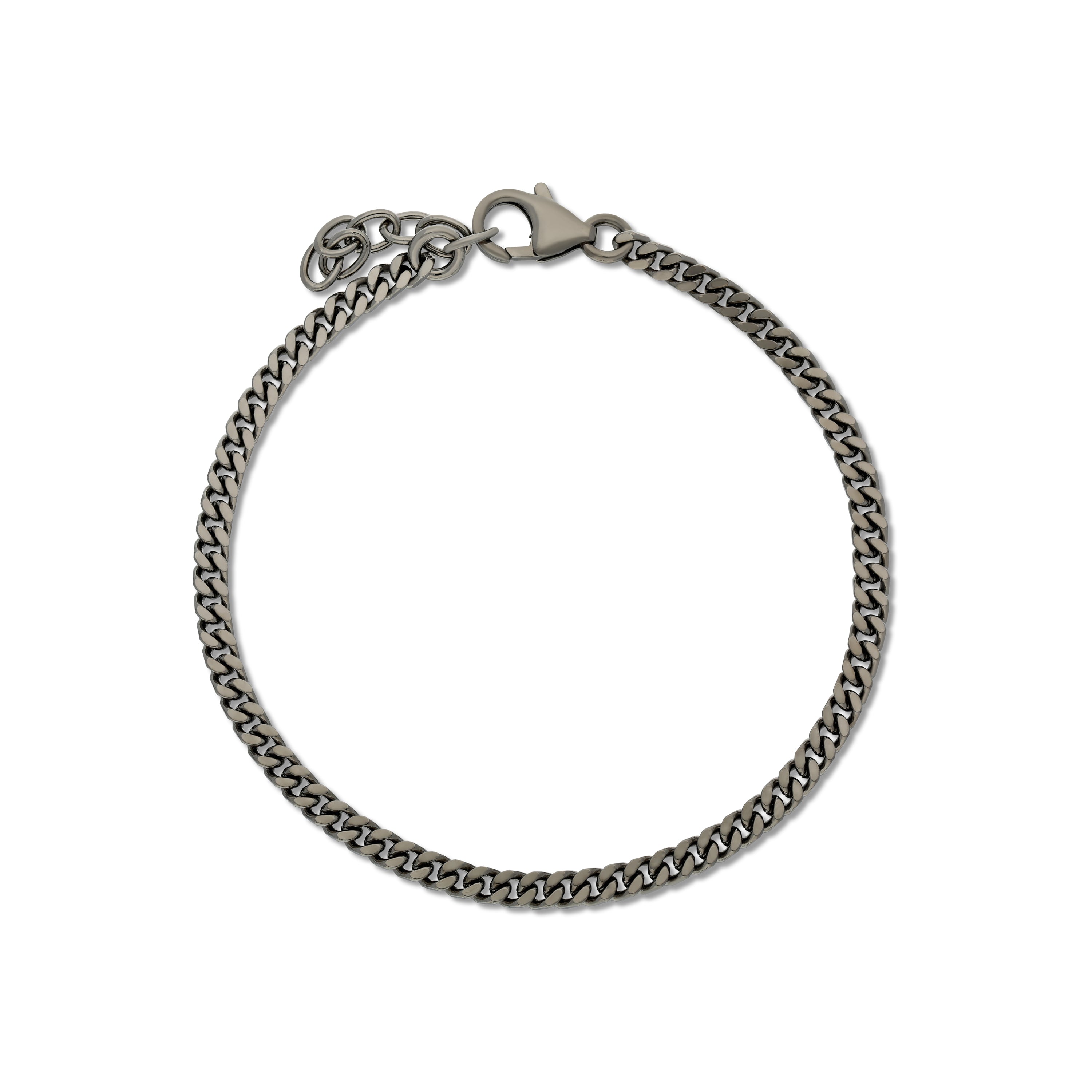 A sleek black bracelet featuring a classic curb chain design, secured with a lobster clasp and adjustable chain link for a customizable fit.