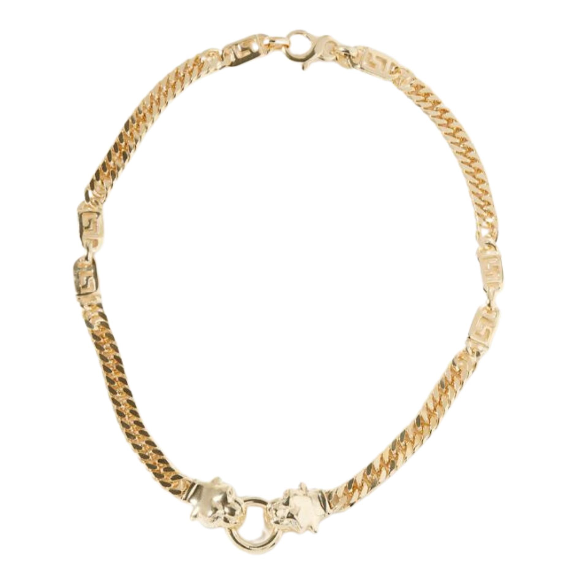 Elegant gold necklace featuring a combination of classic chain and flat rectangular links, secured with a round clasp.