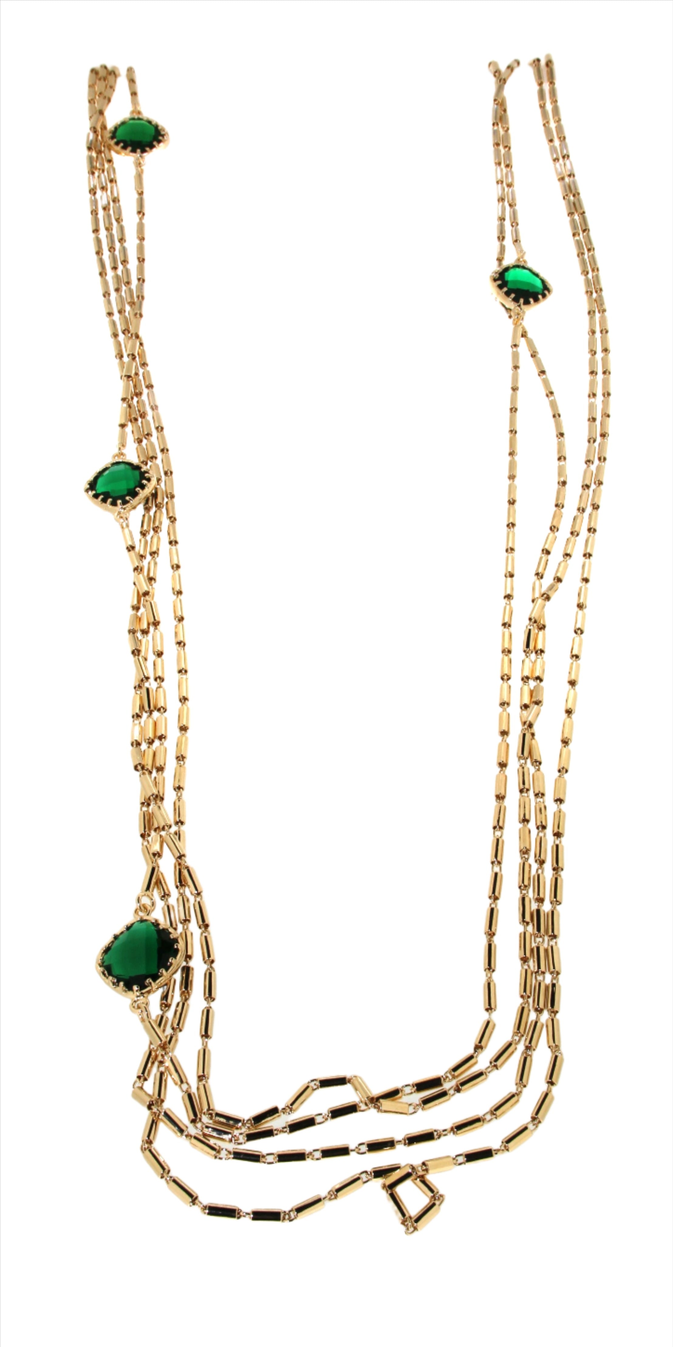 Elegant gold necklace featuring multiple strands with teardrop-shaped green gemstones set in textured gold frames, offering a luxurious and sophisticated look.