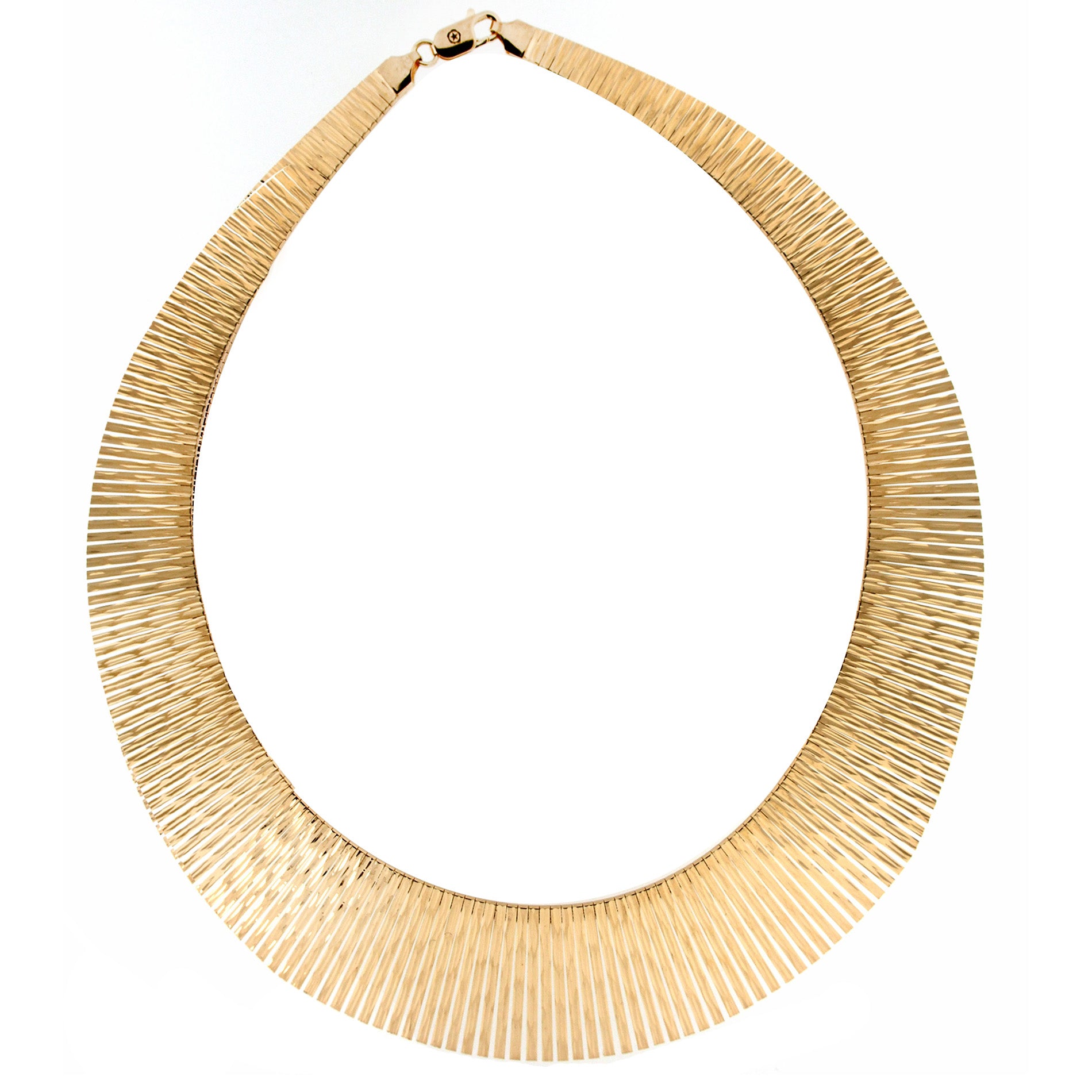 Elegant gold necklace with a wide, textured design featuring a ribbed pattern and a secure clasp, shaped to sit comfortably around the neck.