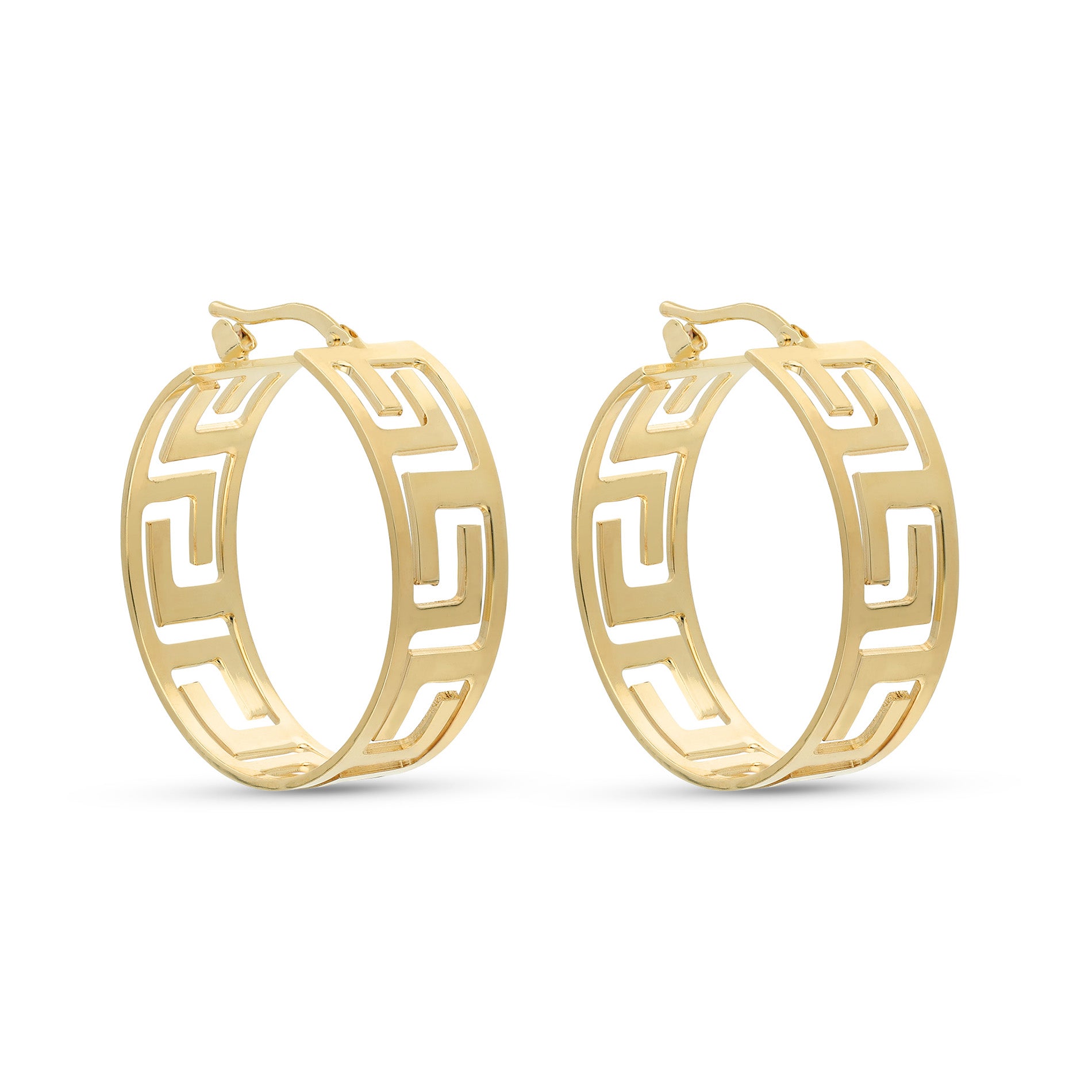 A pair of stylish gold hoop earrings featuring an intricate Greek key pattern cutout design. The earrings have a bold and contemporary shape, with a polished finish that enhances their elegance. The secure latch closure ensures a comfortable fit, making them perfect for everyday wear or special occasions.