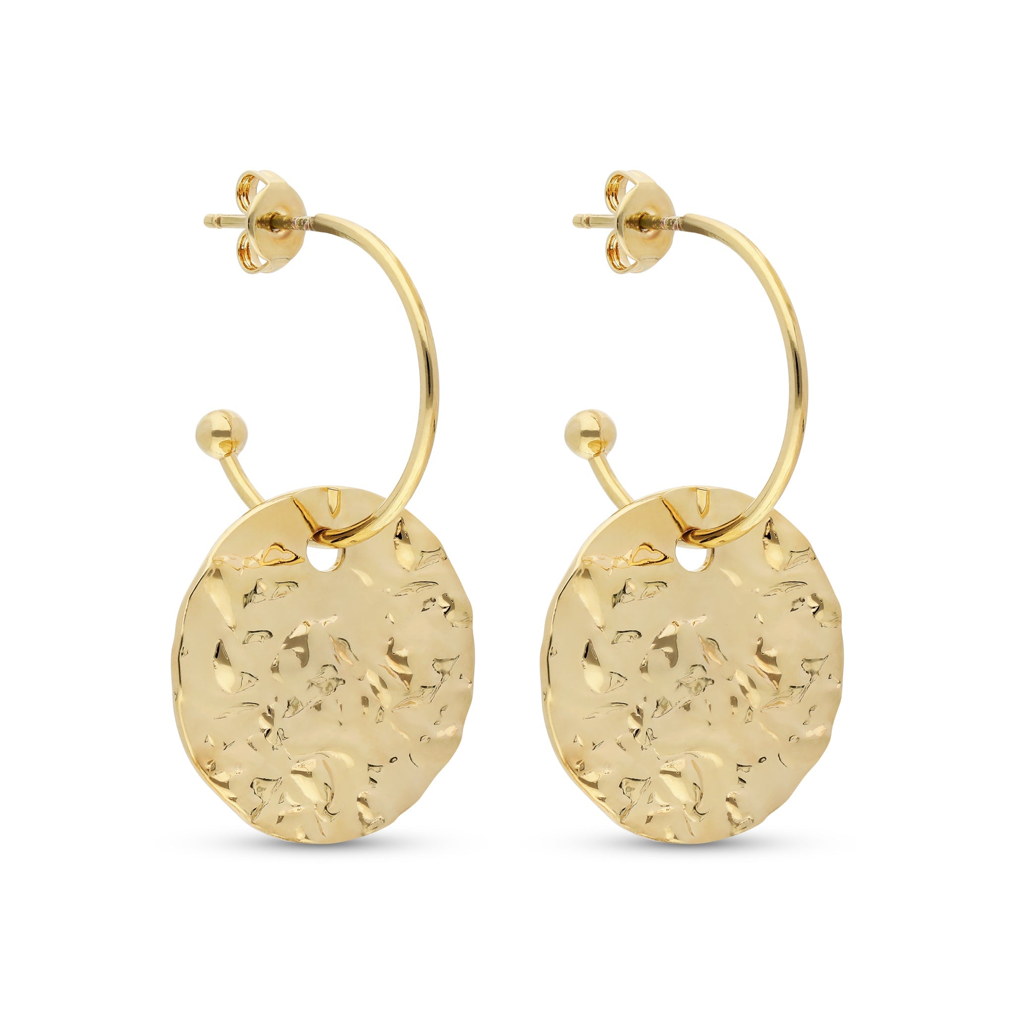 Chic gold-tone earrings featuring a hammered disc design that dangles from a sleek hoop. The earrings combine a contemporary style with an elegant touch, showcasing a unique texture on the disc. Secured with a stud backing, they are perfect for adding a modern flair to any outfit.