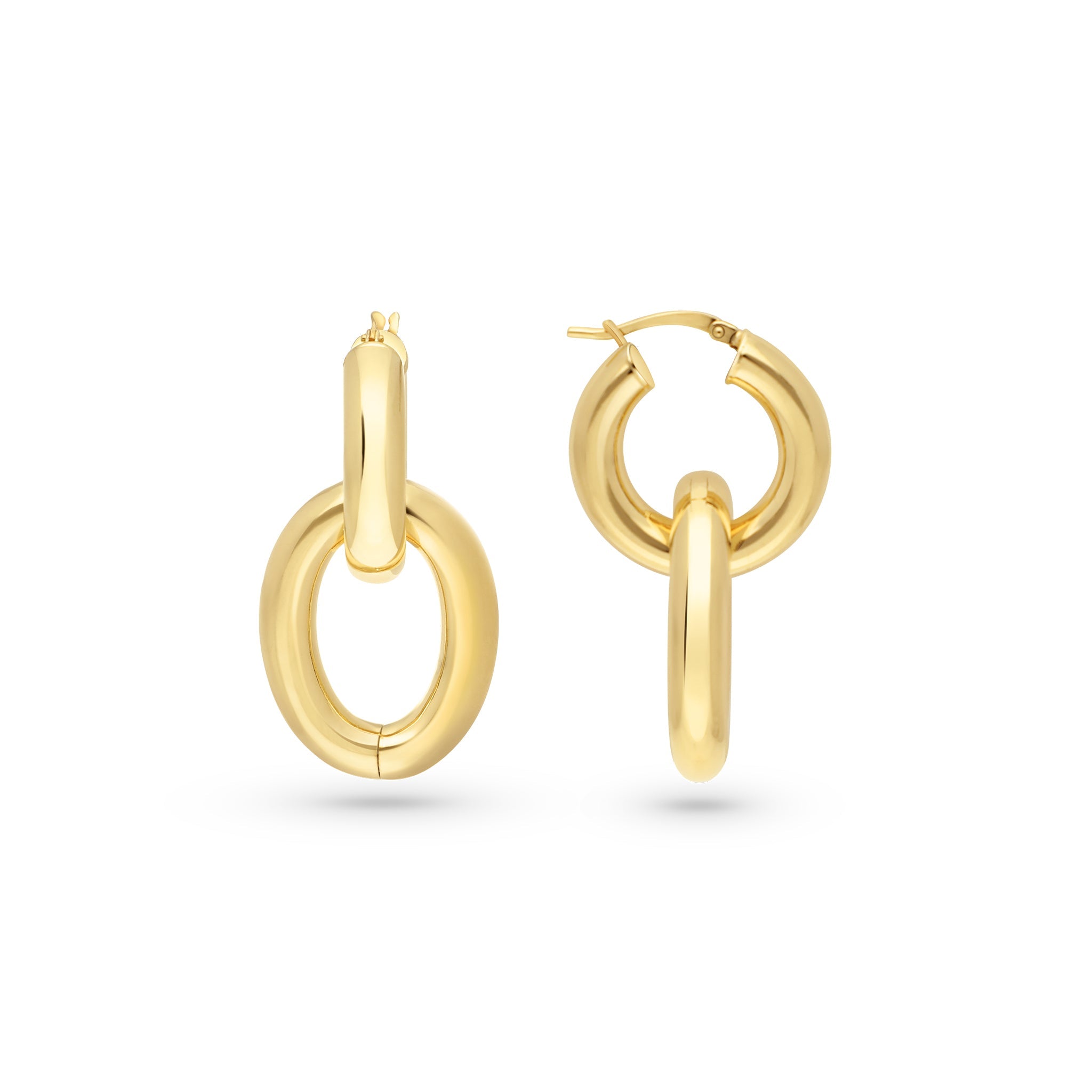 Elegant gold-tone earrings featuring a unique design with interlocking circular shapes. The earrings consist of a prominent circular hoop with a smaller ring attached, creating a stylish layered effect. The polished finish adds a modern touch.