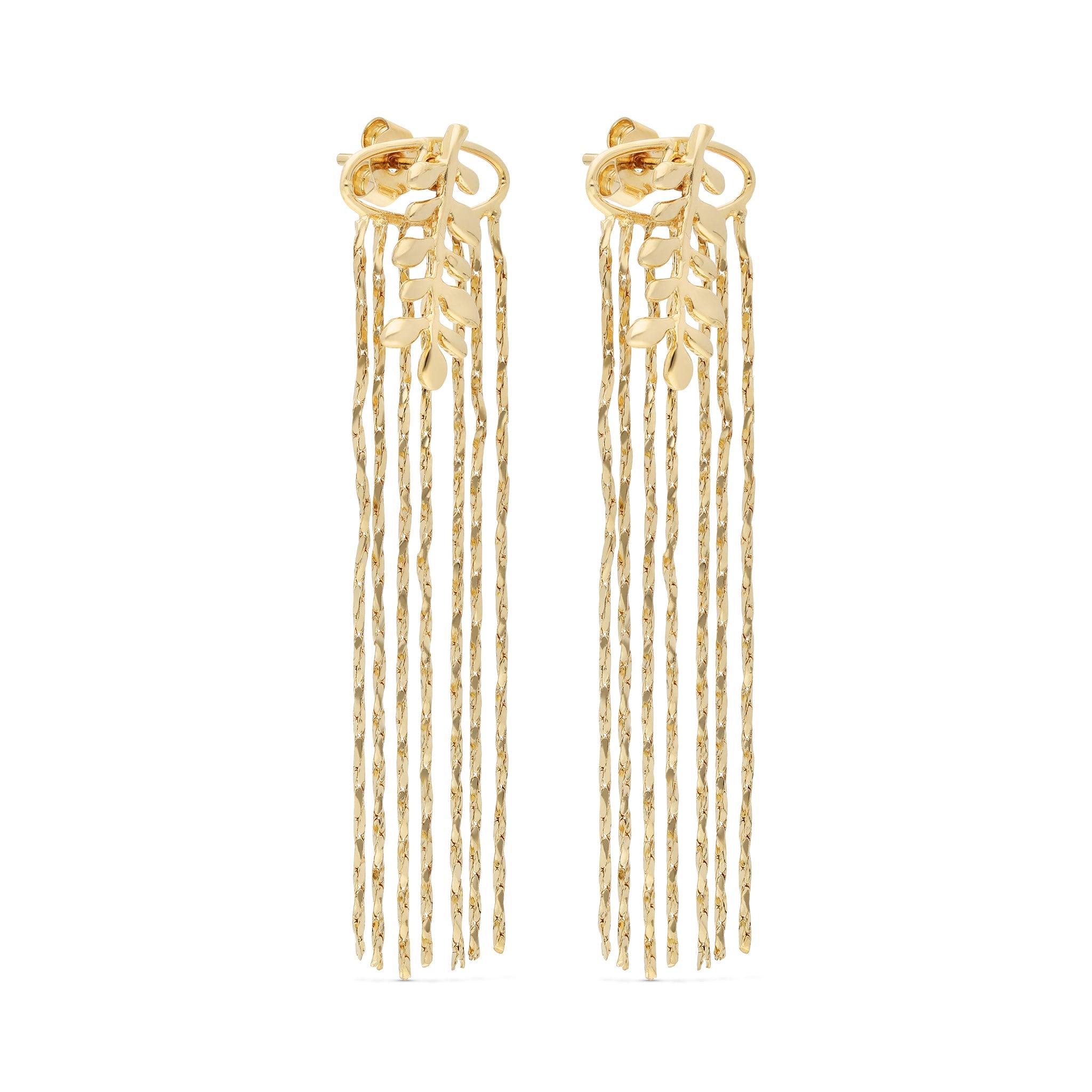 A pair of elegant gold-tone drop earrings featuring a stylish design with a decorative top that resembles intertwined leaves. Cascading from the top are several thin, twisted chains, creating a flowing and dynamic look. The chains add movement and texture, making the earrings a striking accessory for any outfit.