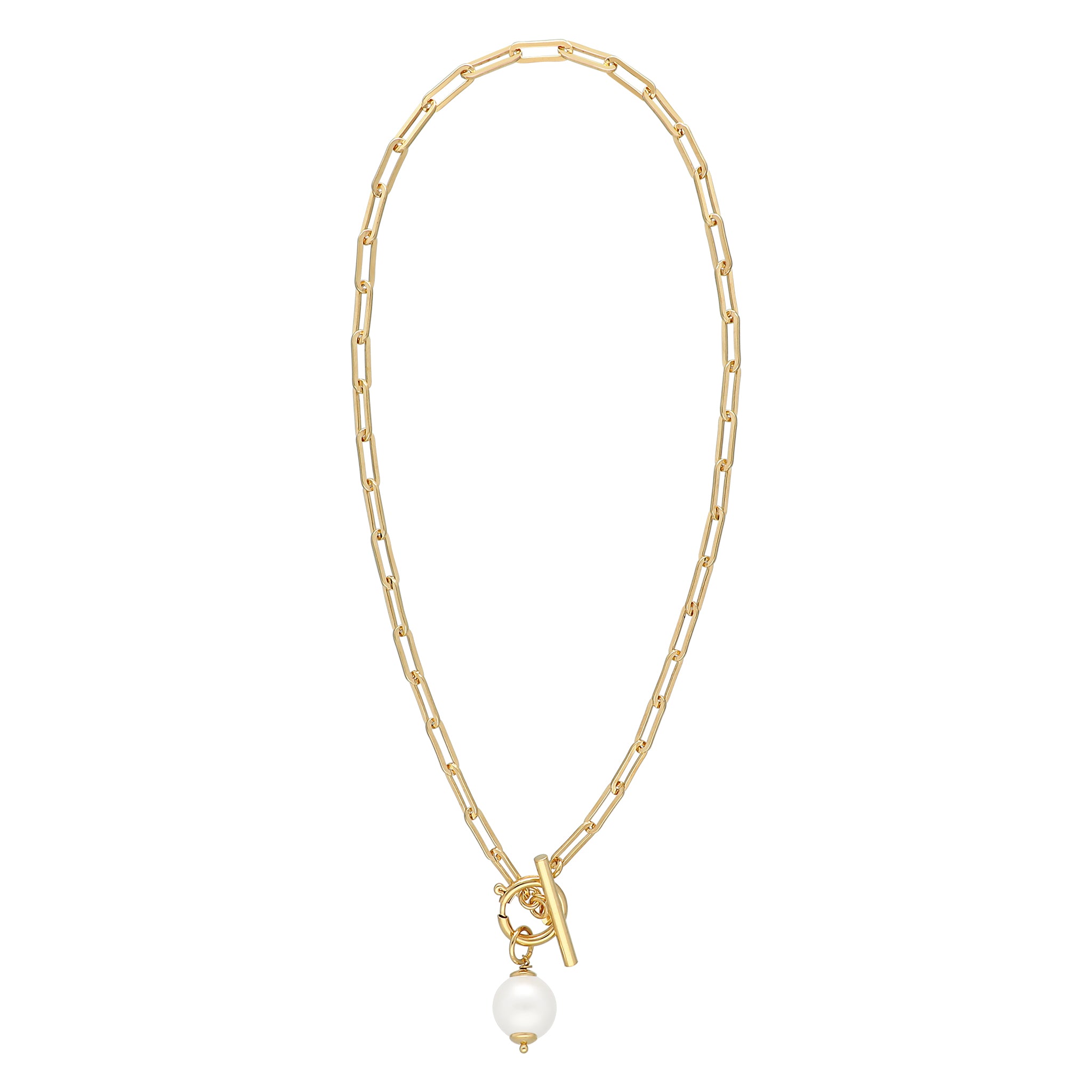 Stylish gold necklace with elongated links, featuring a dangling pearl pendant and a decorative toggle clasp.