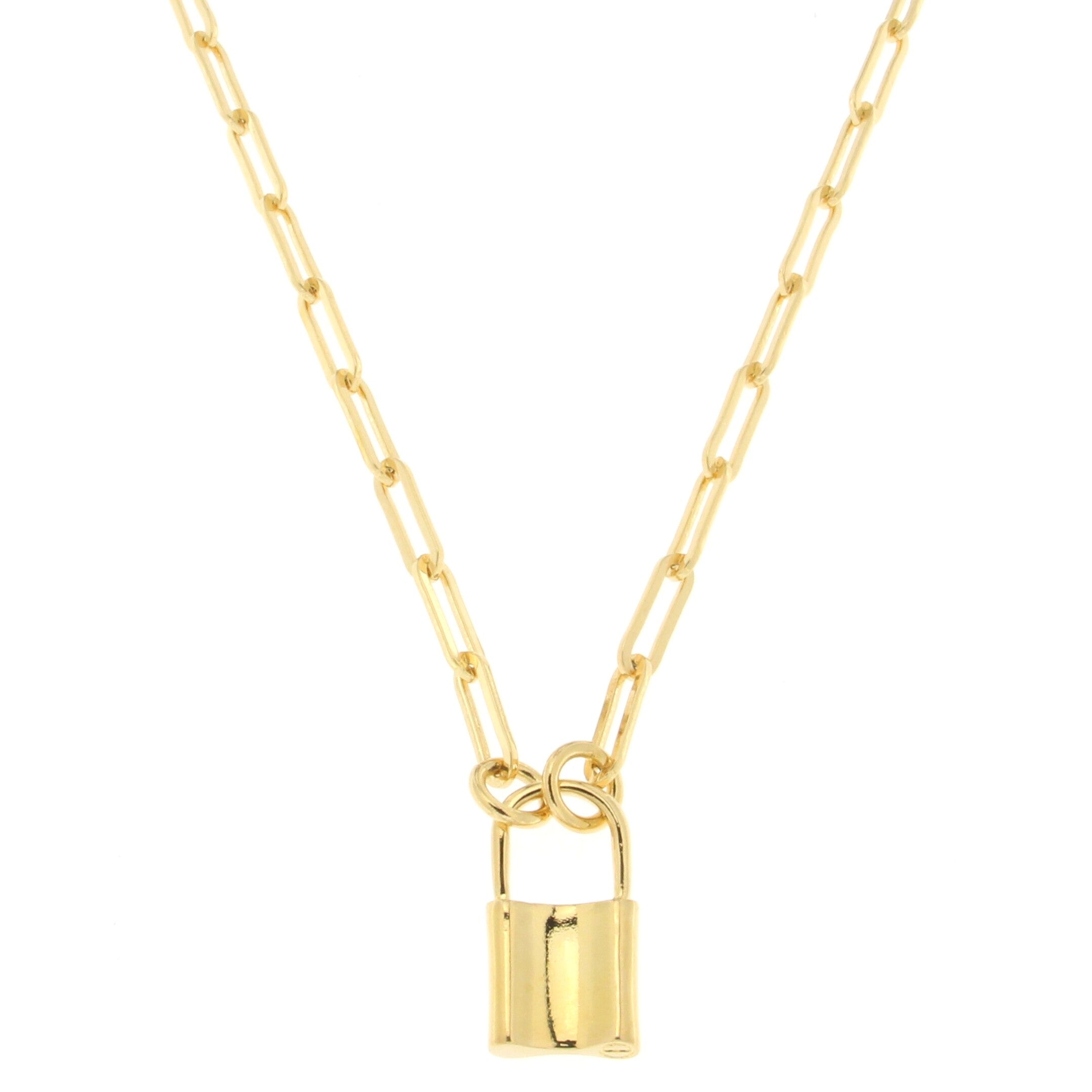 Gold necklace with an elongated chain design featuring a central padlock pendant, combining modern style with elegance, suitable for various occasions.