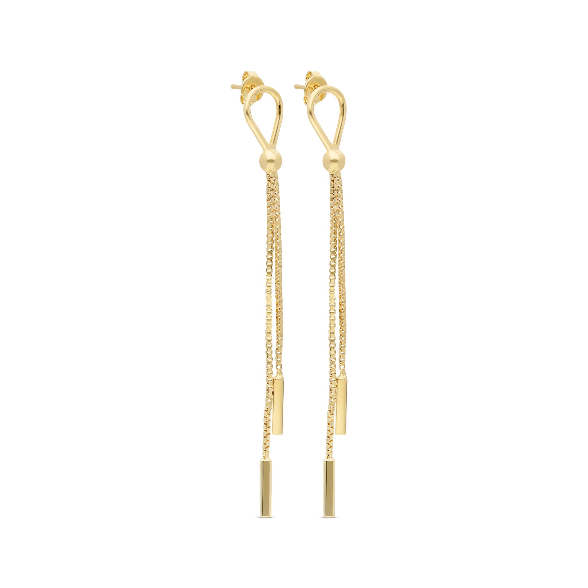 A pair of elegant gold-tone drop earrings featuring a contemporary design. Each earring showcases a delicate, looping top that leads into two shimmering chains. At the end of each chain, there are sleek, rectangular pendants that add a modern touch.