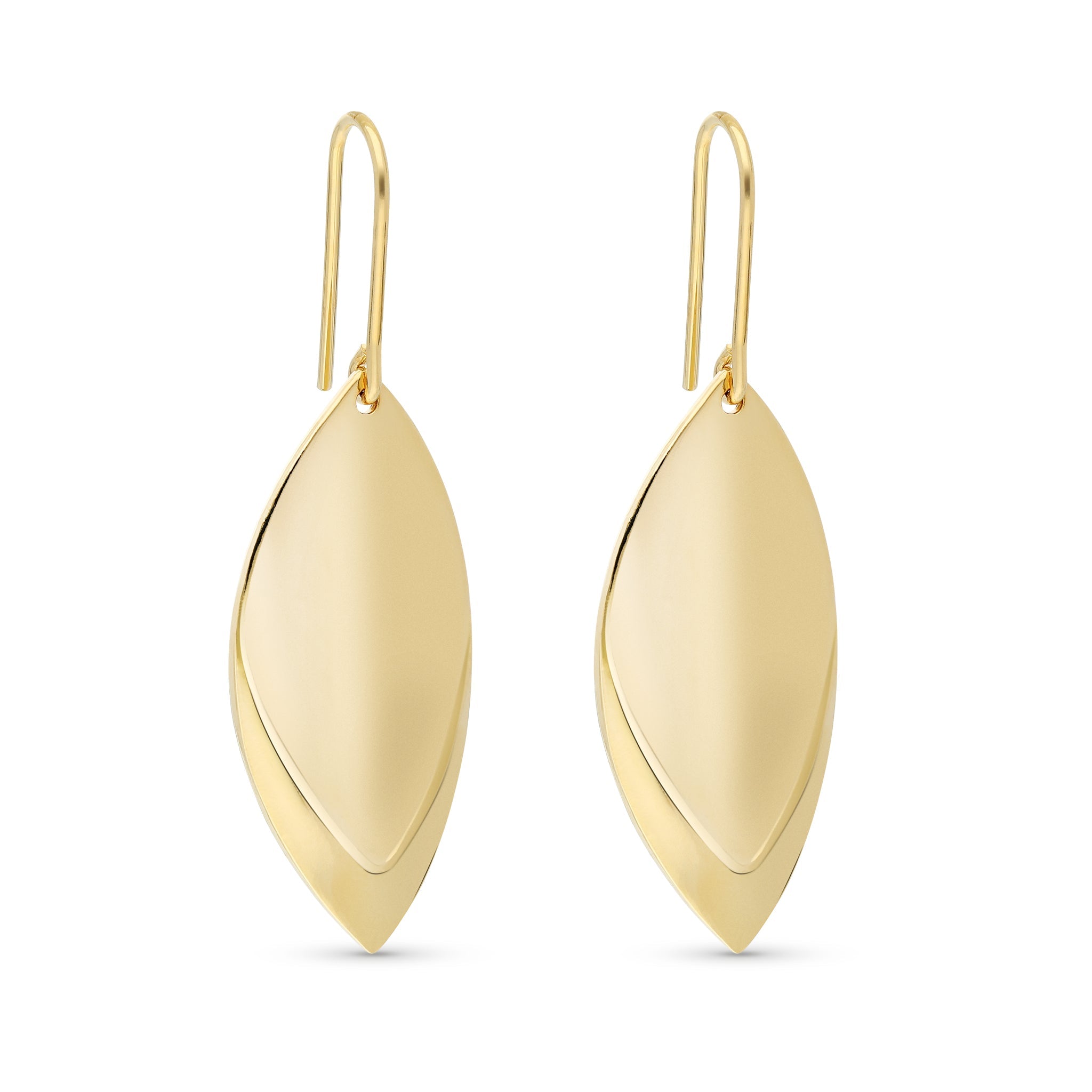 Stylish gold-tone earrings featuring a sleek, elongated leaf design. The earrings are crafted from polished metal, showcasing a reflective surface that catches the light beautifully. They hang gracefully from thin fishhook clasps, adding a modern touch to any outfit.