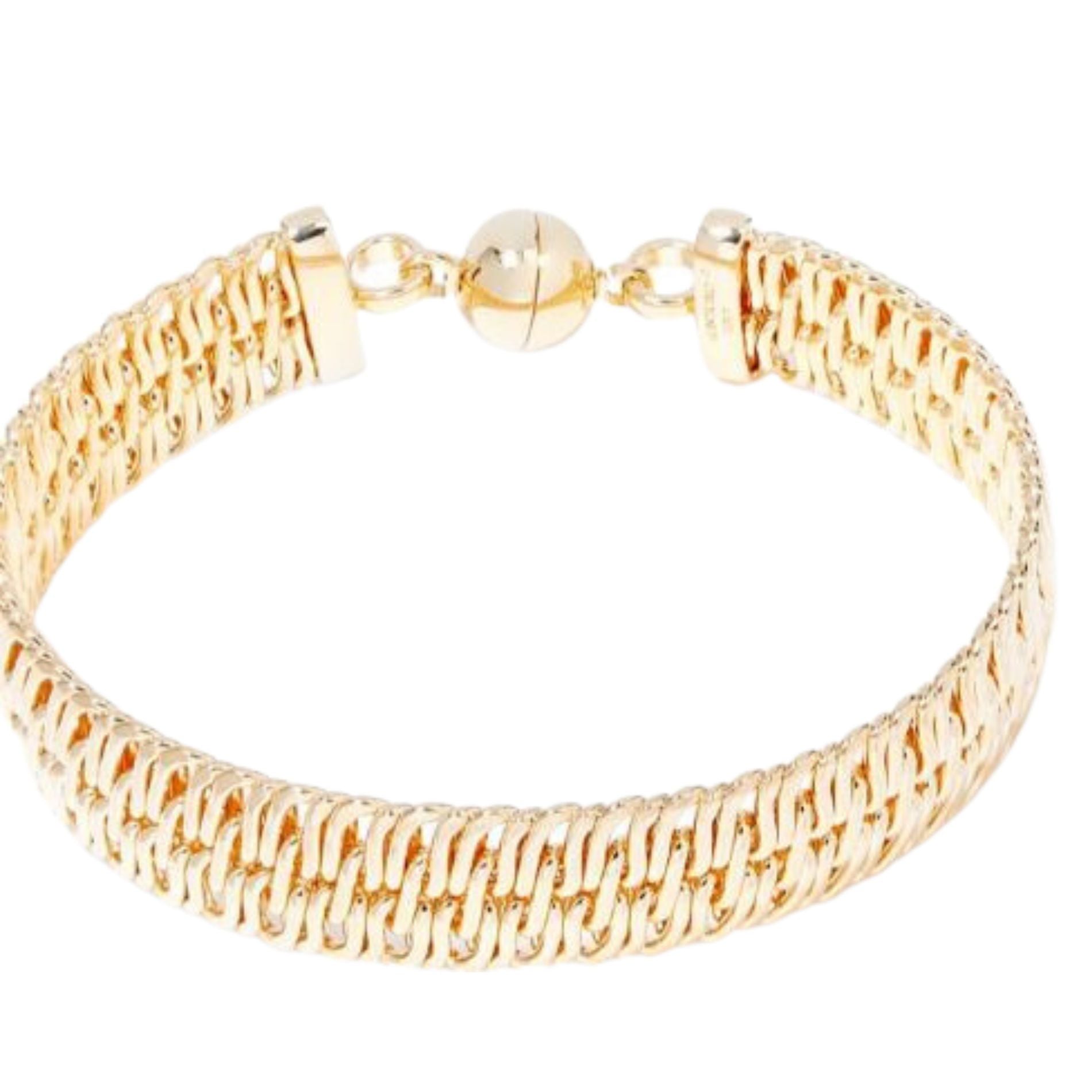 A stylish gold-tone cuff bracelet featuring a woven design, secured with a spherical clasp in the center. The bracelet showcases a combination of shiny and textured finishes, giving it a modern and elegant look.