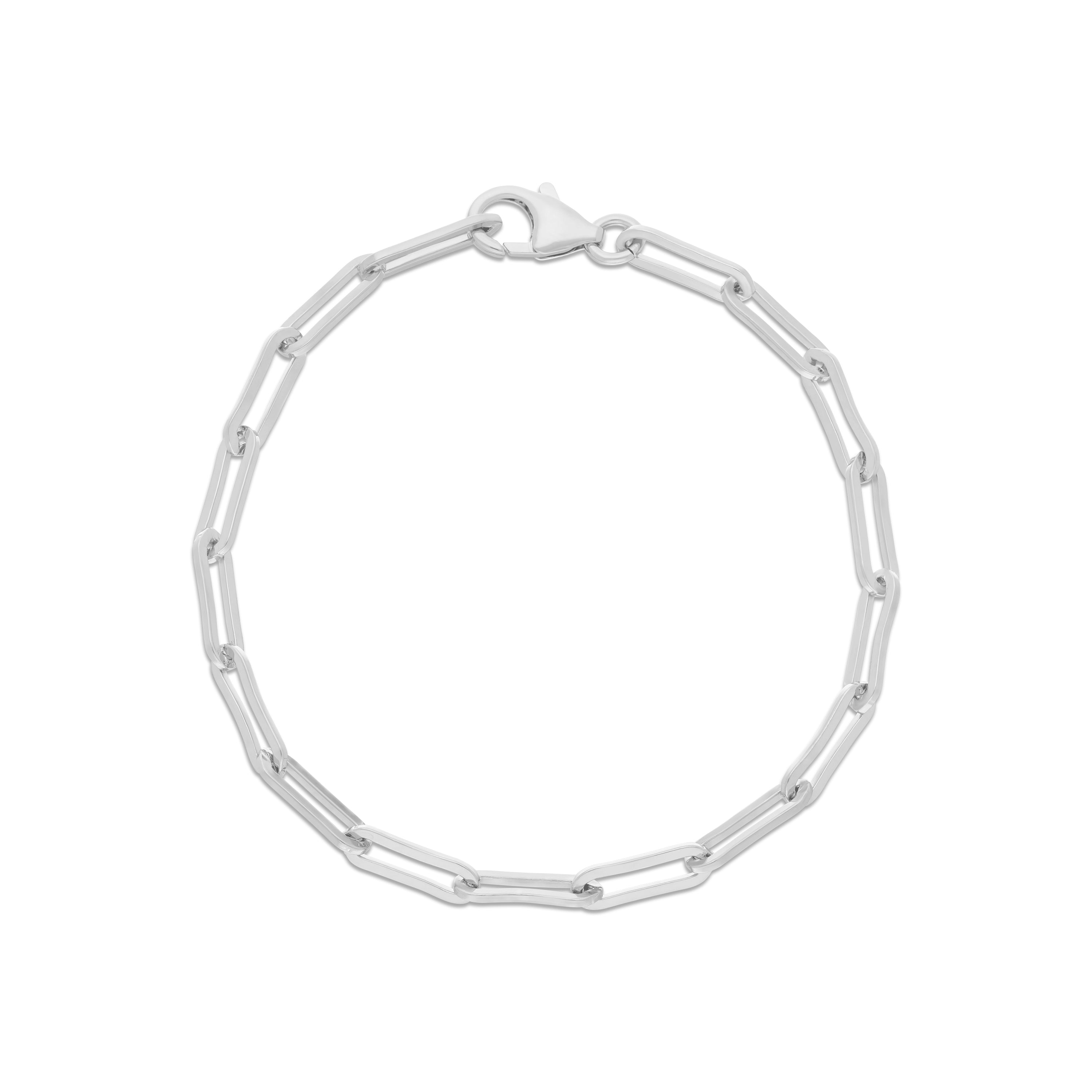 A sleek silver bracelet featuring elongated paperclip-style links, finished with a secure lobster clasp.