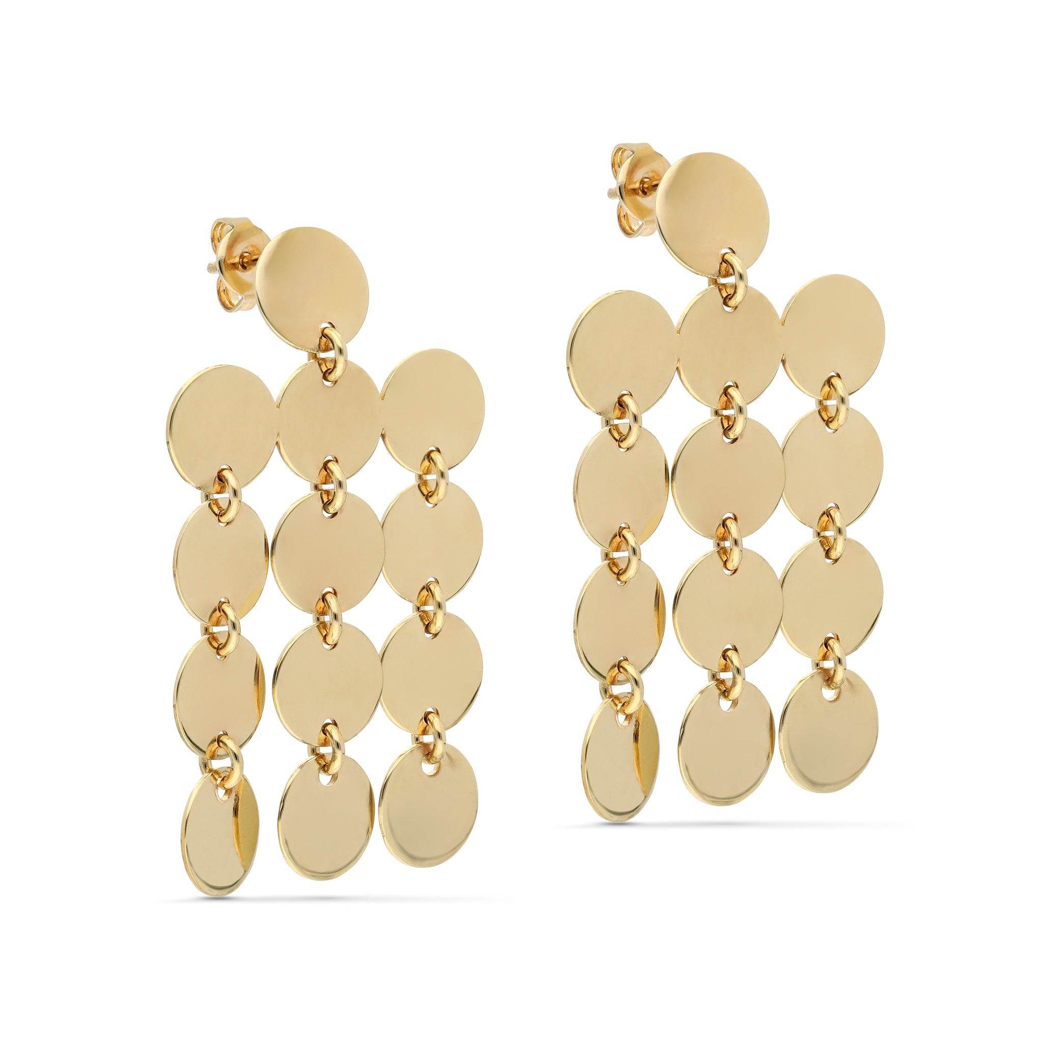 A pair of gold-tone dangle earrings featuring a modern design. Each earring consists of multiple shiny circular discs arranged in a cascading pattern. The discs are linked together with small rings, allowing for movement and a playful shine as they catch the light. The earrings are secured with stud backings, making them both stylish and easy to wear.