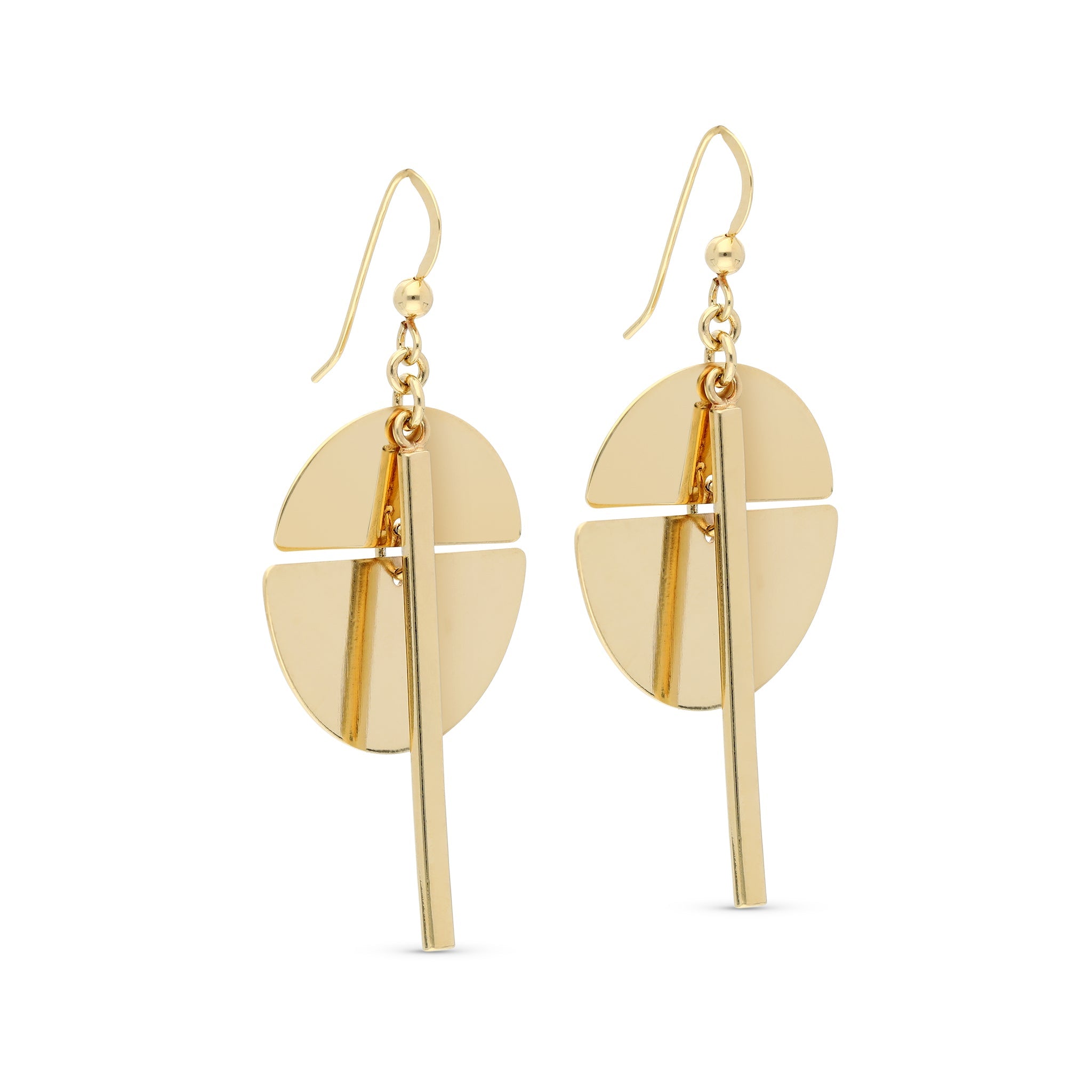 A pair of gold-tone dangle earrings featuring a contemporary design. Each earring consists of a circular shape divided into two semi-circles, with a sleek vertical bar positioned in the center. The earrings hang from a simple fishhook wire, allowing for movement and a stylish flair. The polished finish adds a touch of elegance, making them suitable for both casual and dressy occasions.