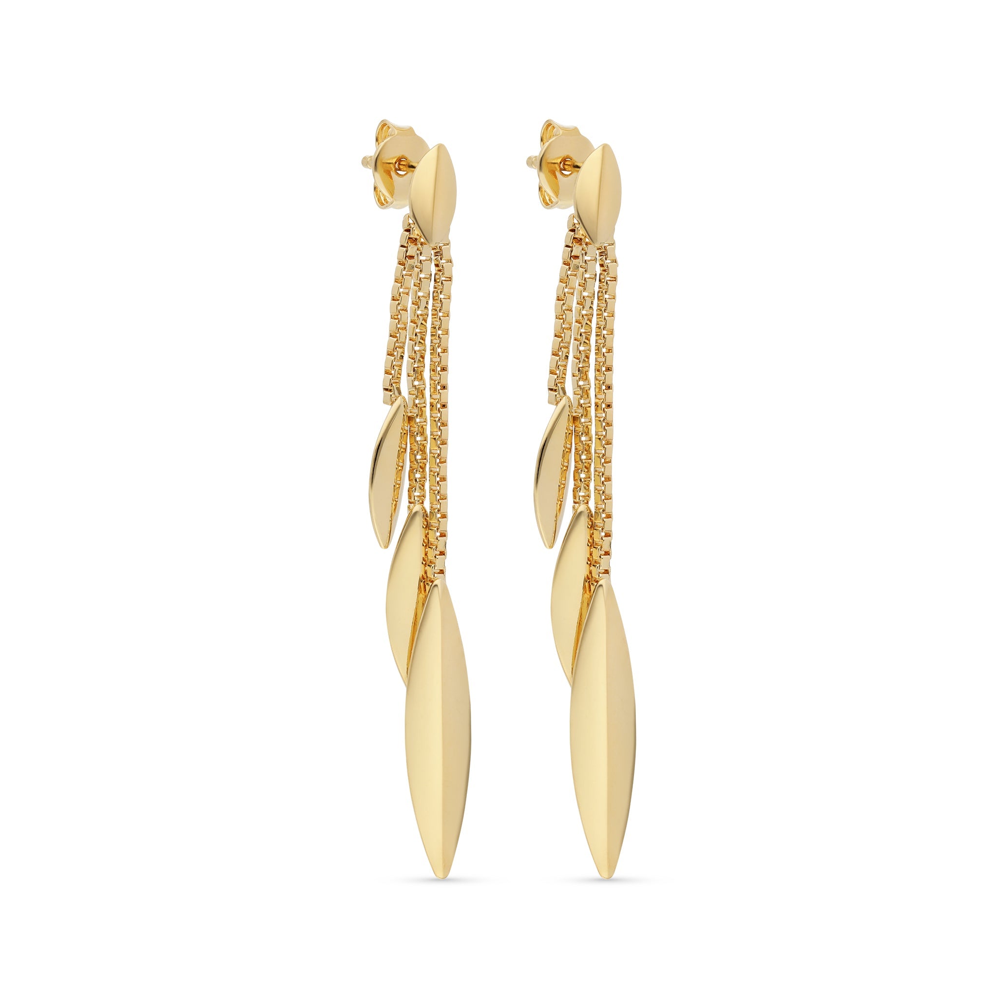 A pair of stunning gold-tone drop earrings featuring a contemporary design. The earrings showcase two thin, intertwined chains that hang gracefully. Attached to these chains are elongated, leaf-shaped pendants that add an elegant touch.